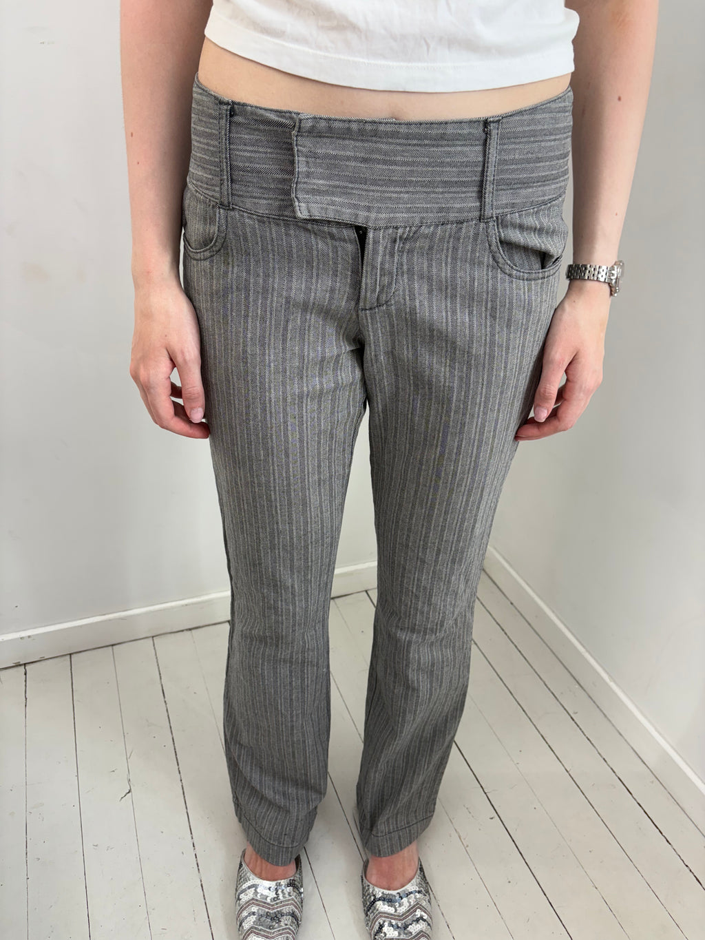 Grey Pinstripe Low-Rise Trousers