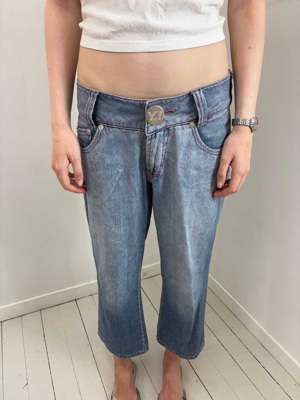 Light Wash Denim Jeans with Pink Logo Patch