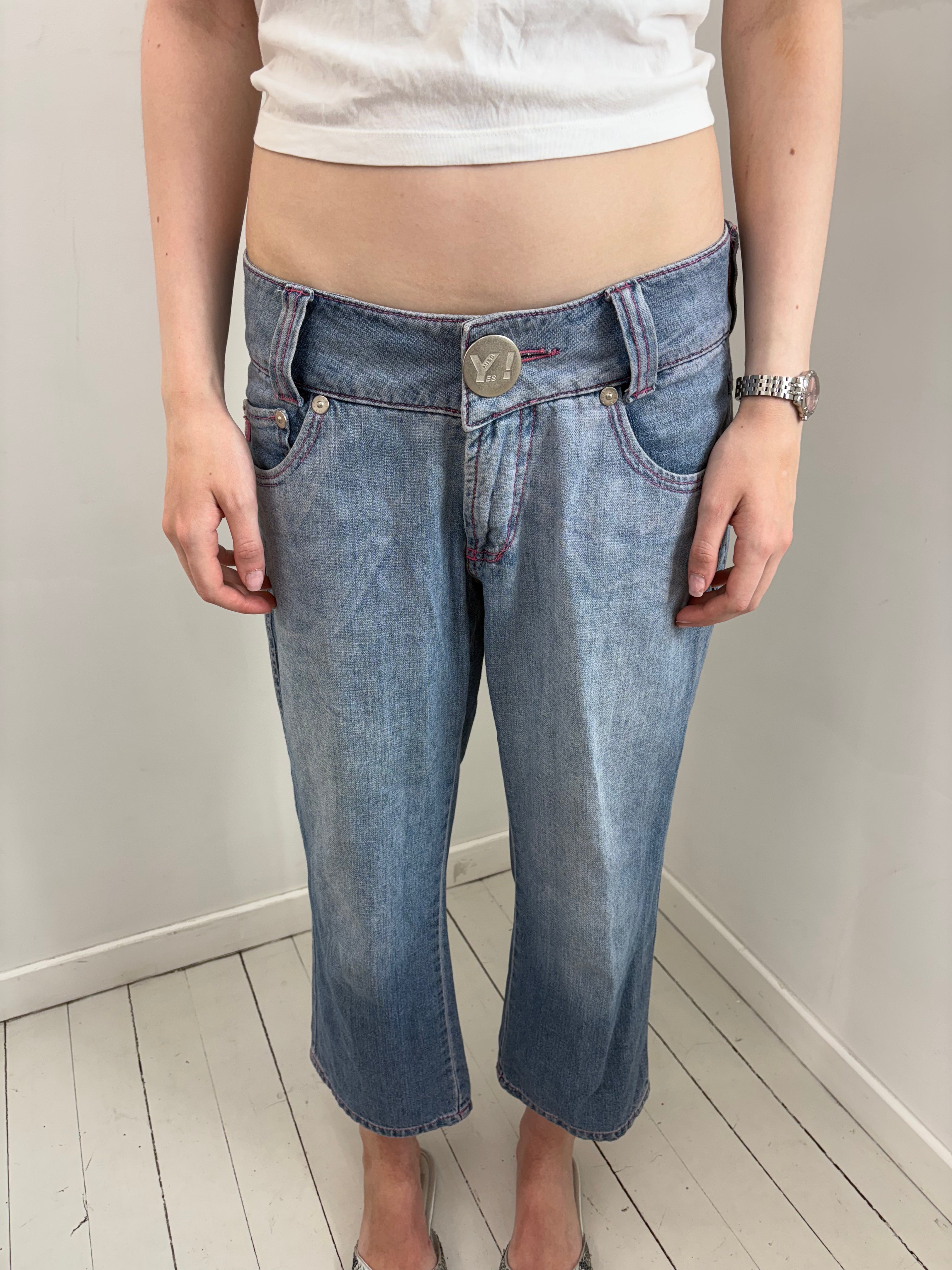 Light Wash Denim Jeans with Pink Logo Patch