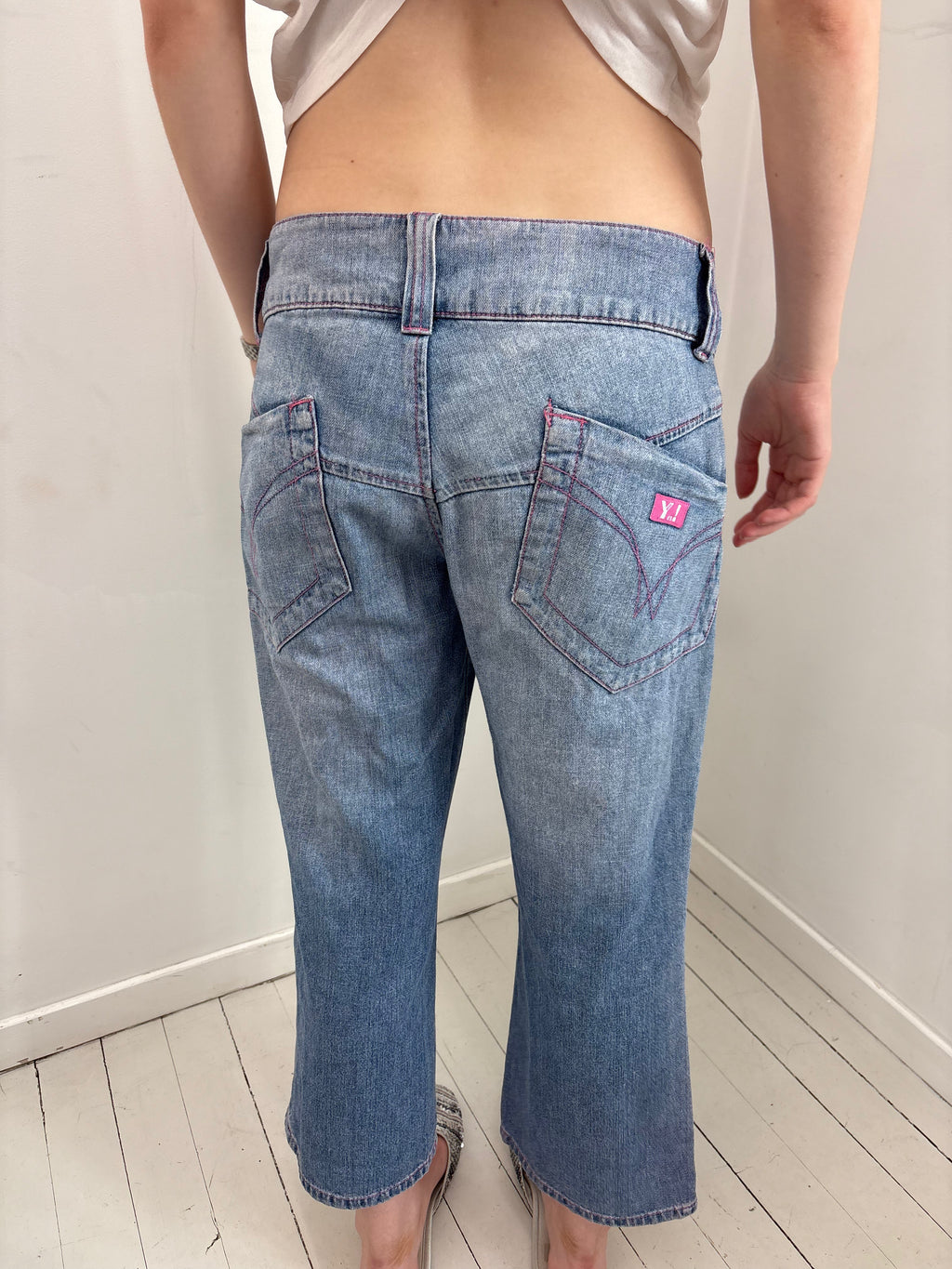 Light Wash Denim Jeans with Pink Logo Patch