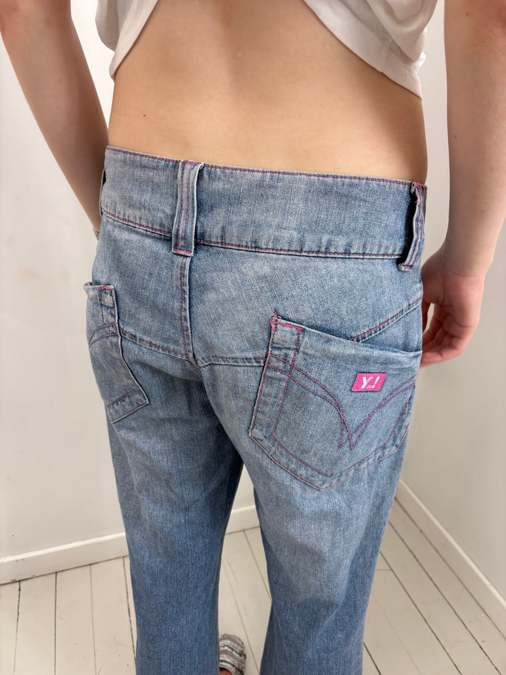 Light Wash Denim Jeans with Pink Logo Patch
