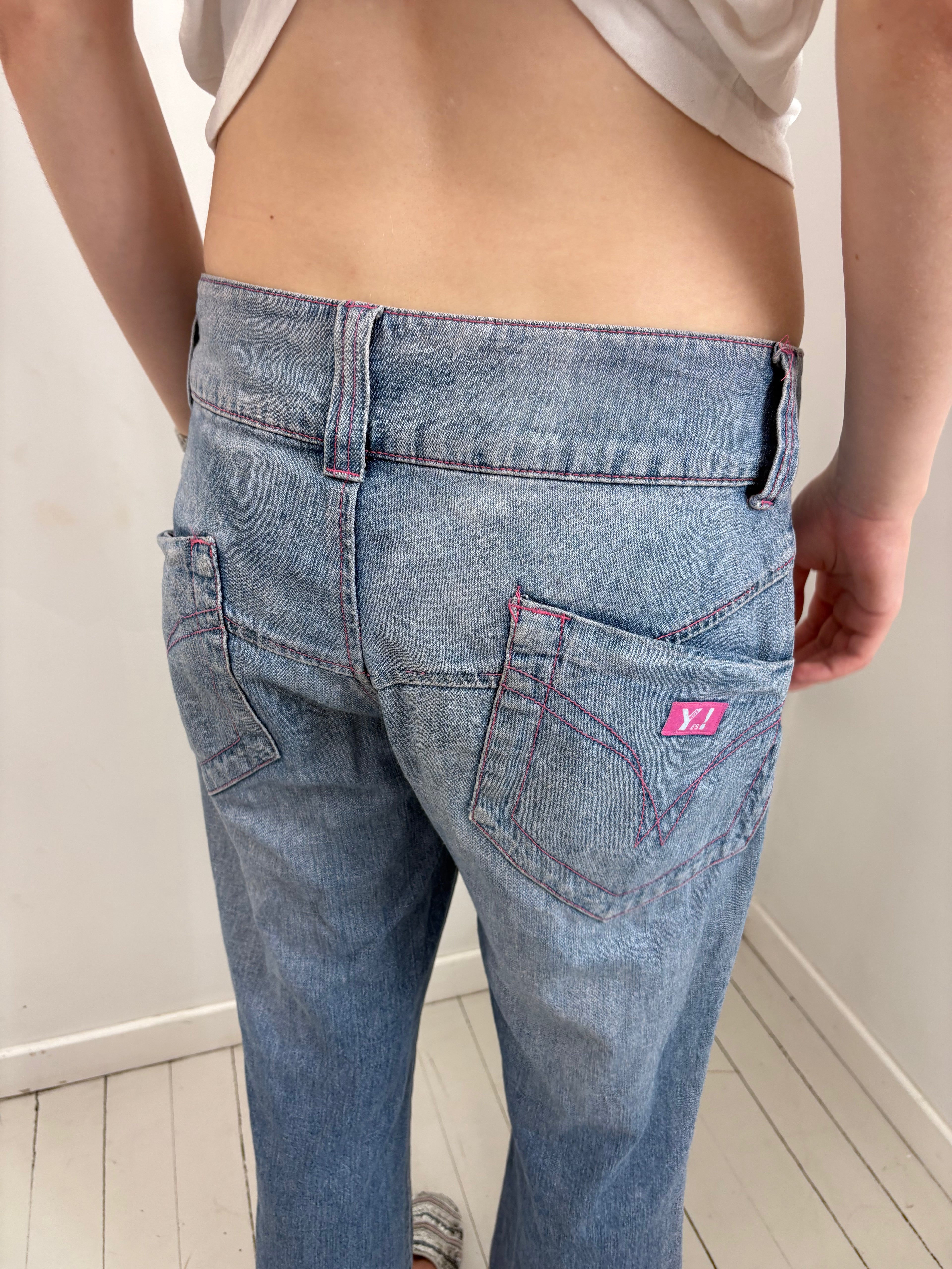 Light Wash Denim Jeans with Pink Logo Patch