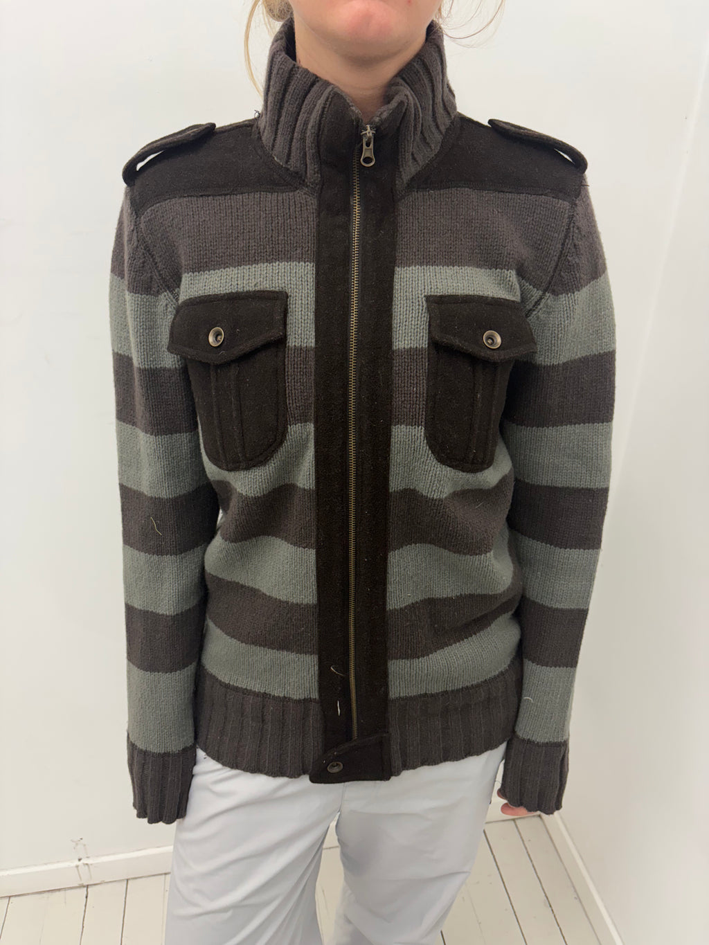 Grey Striped Zip-Up Knit Utility Jacket