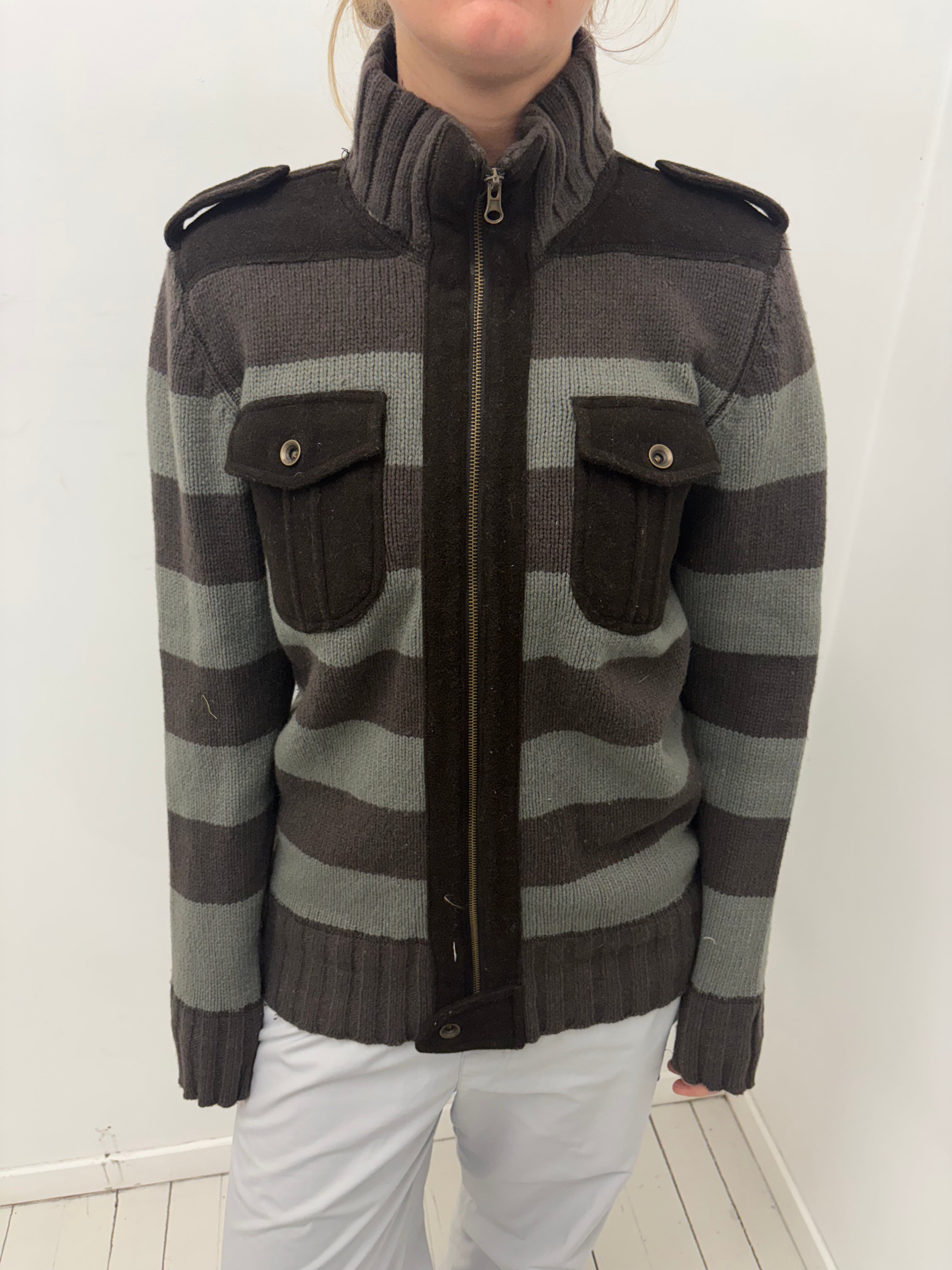 Grey Striped Zip-Up Knit Utility Jacket