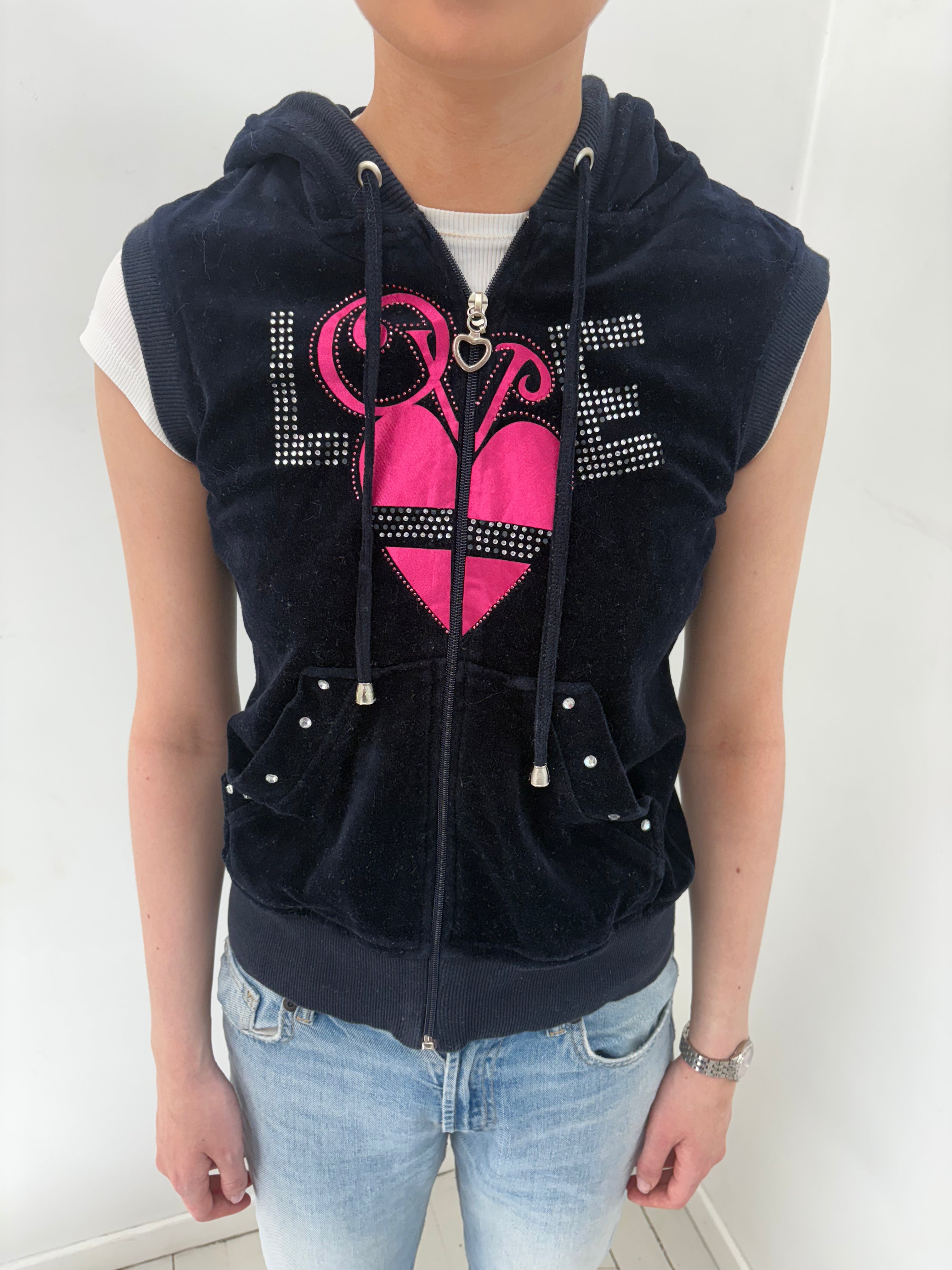 Navy Velour Sleeveless Zip-Up Hoodie with Heart Graphic