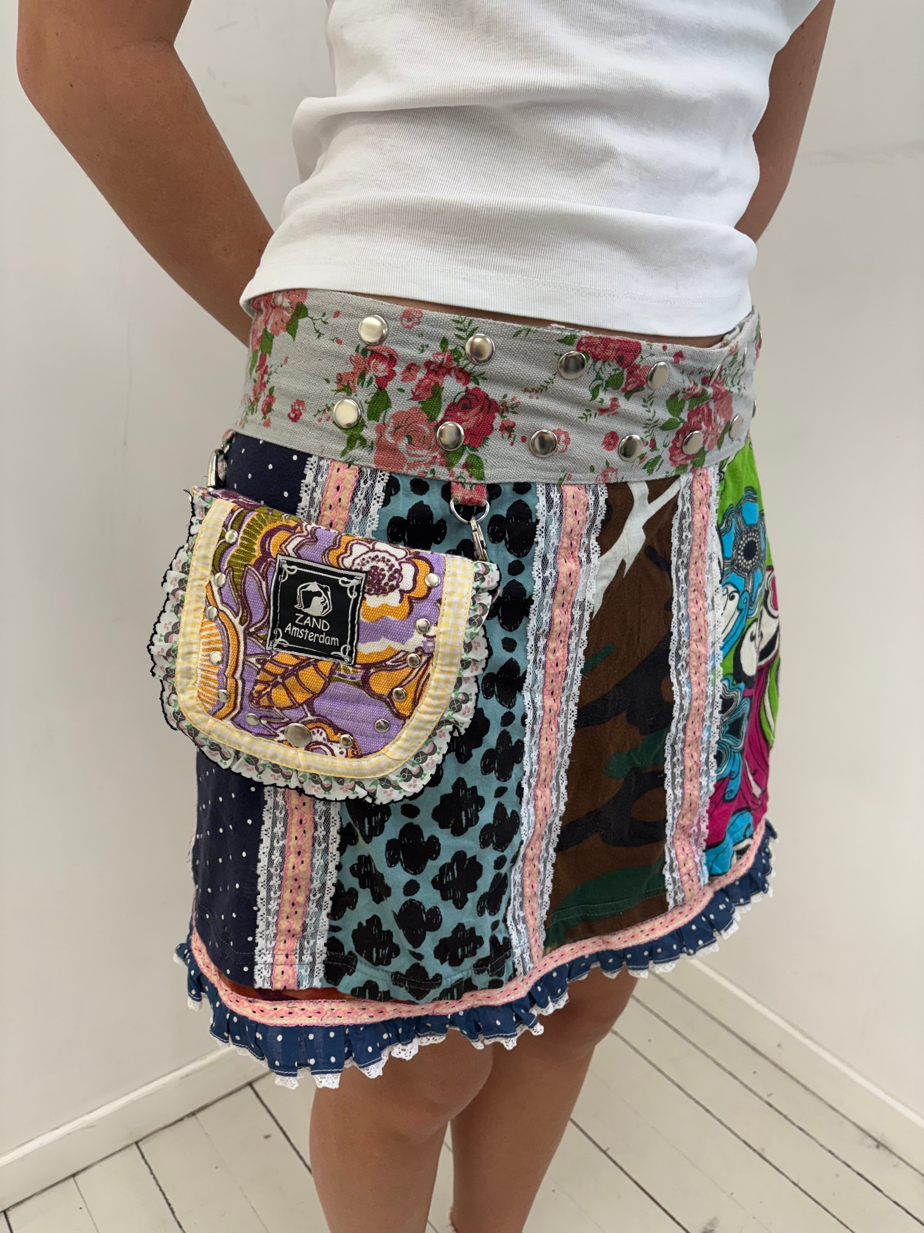 Y2K Patchwork Boho Mini Skirt w/ Coin Belt & Mini Bag
