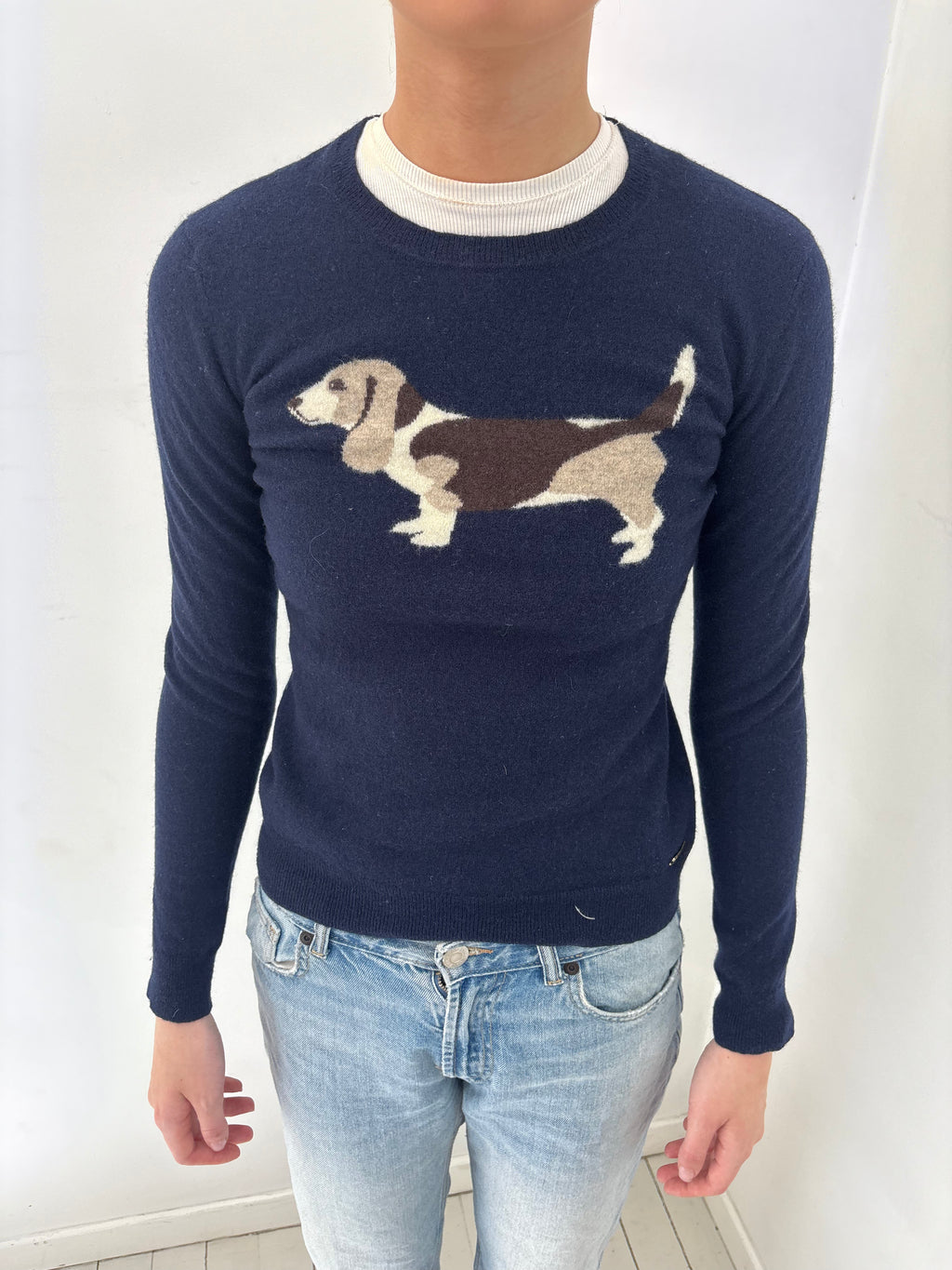 Navy Knit Sweater with Basset Hound Graphic