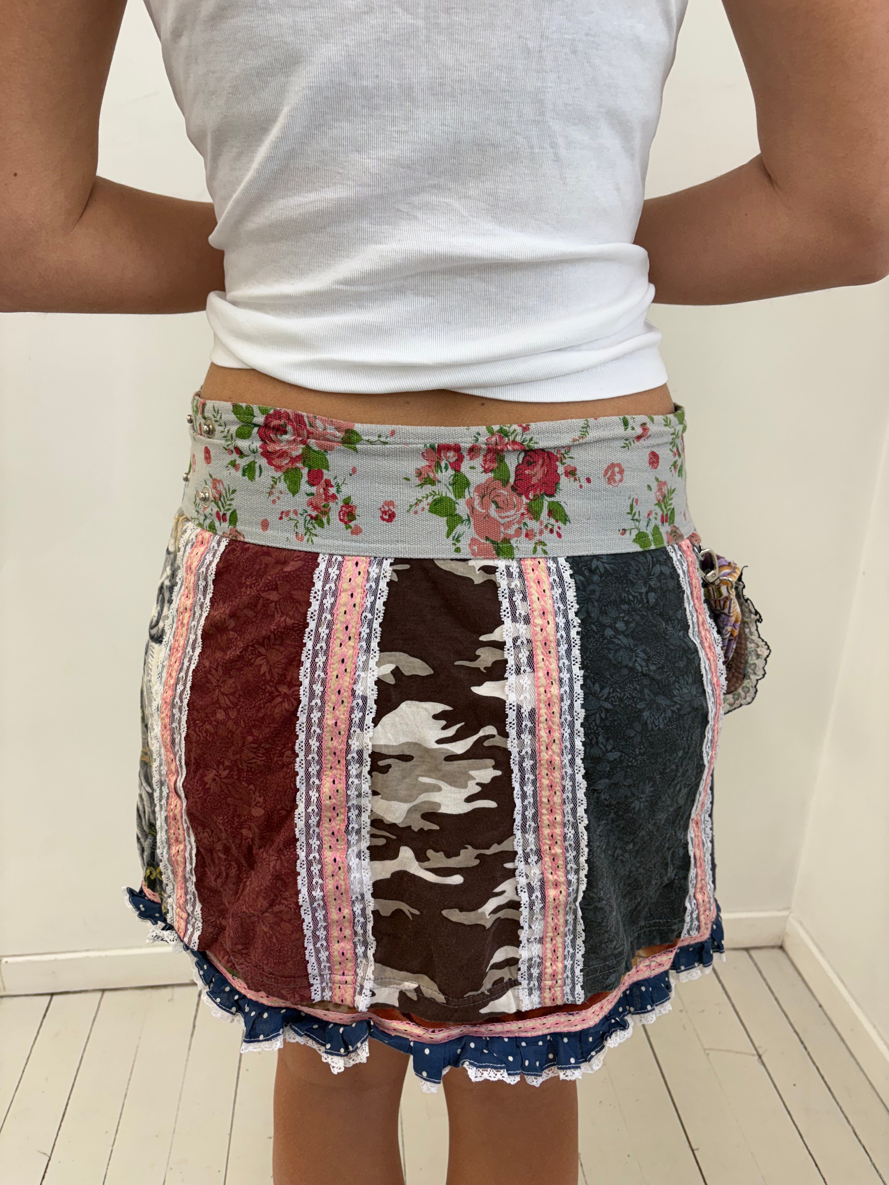 Y2K Patchwork Boho Mini Skirt w/ Coin Belt & Mini Bag
