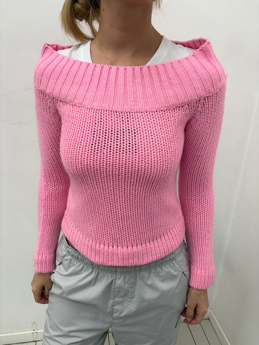 Bubblegum Pink Off-Shoulder Knit Sweater