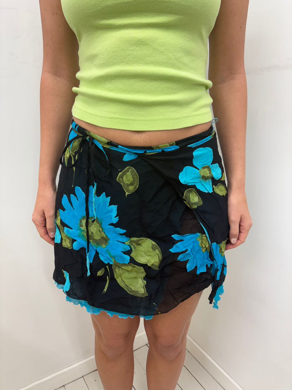 Black Blue Floral Wrap Mini Skirt