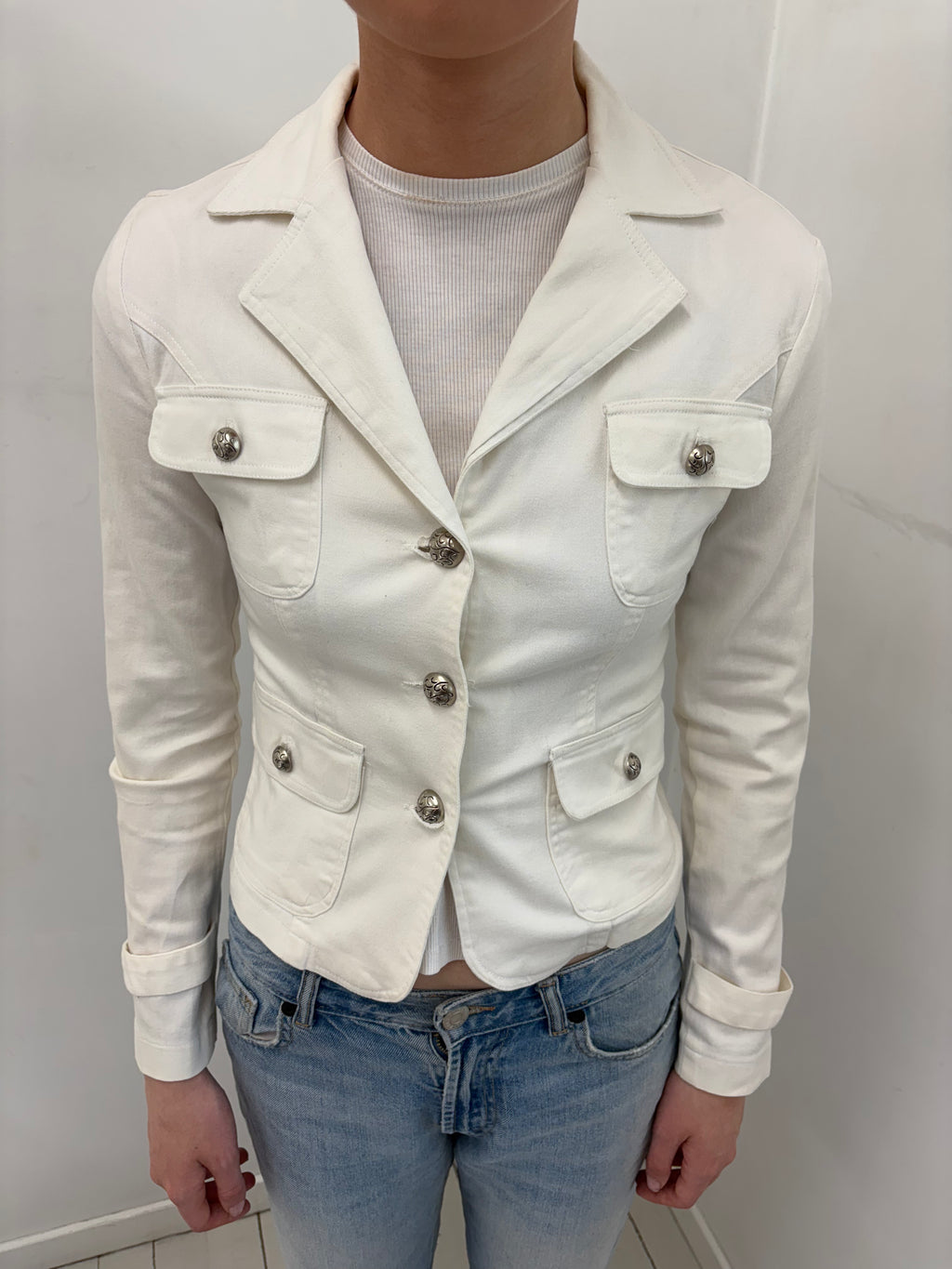 White Denim Blazer with Silver Button Detail