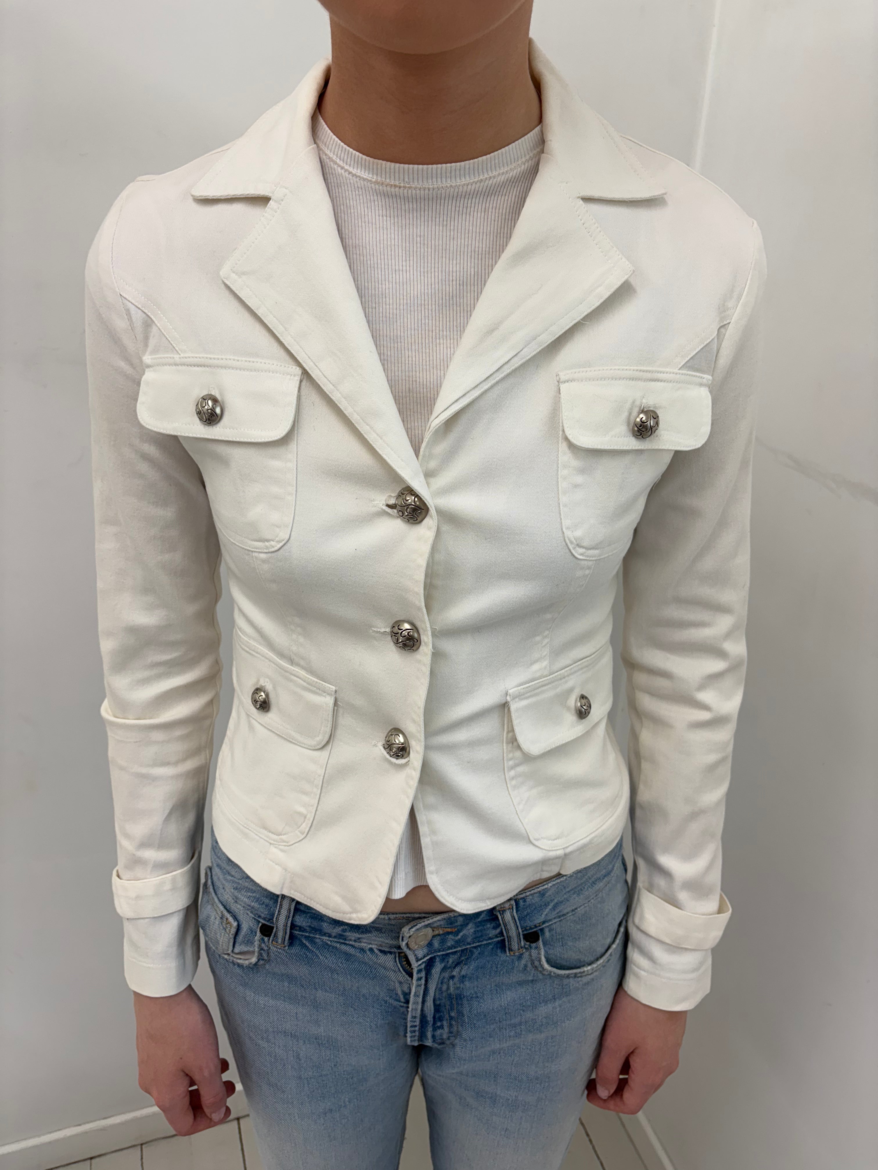 White Denim Blazer with Silver Button Detail