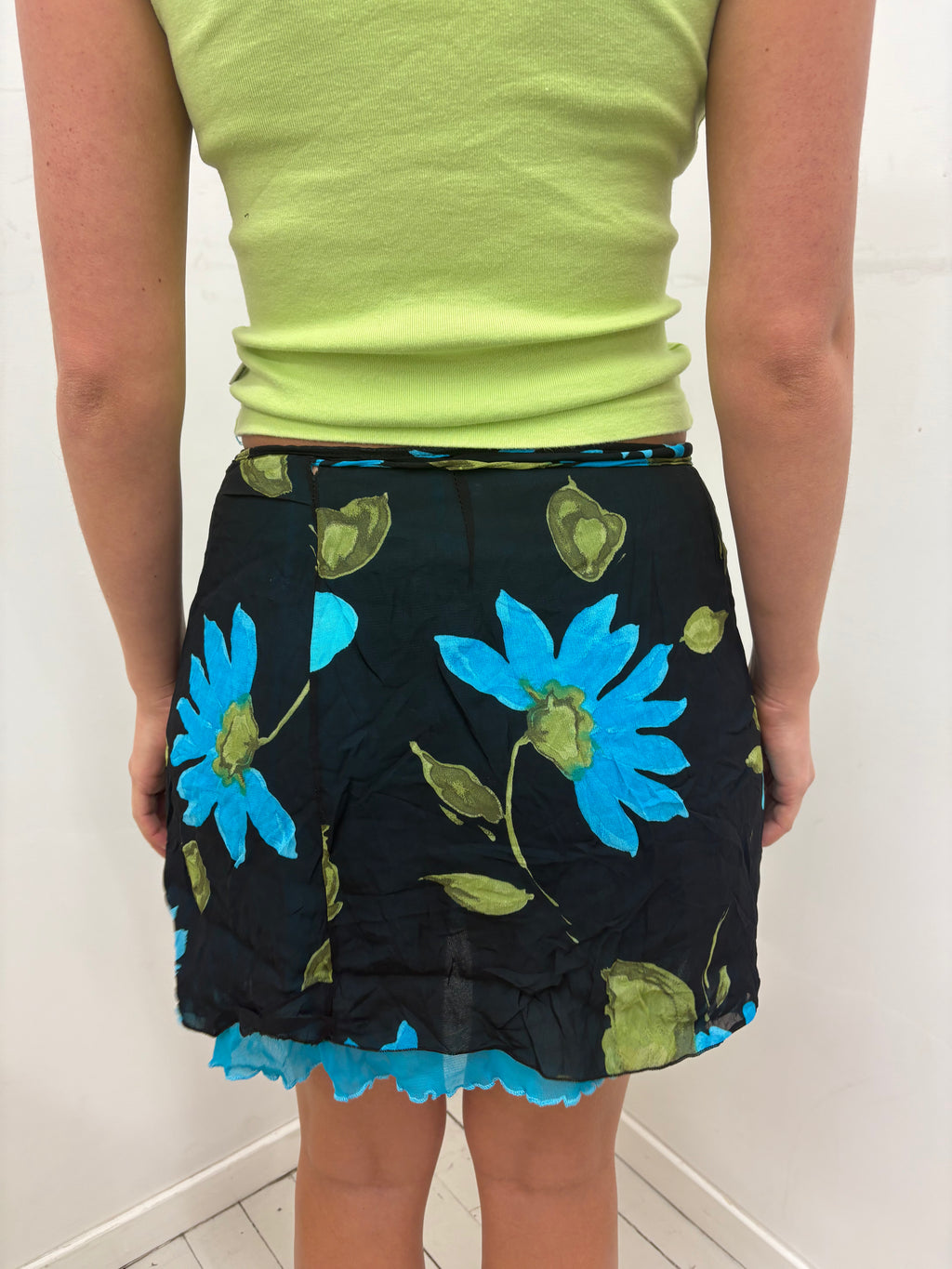Black Blue Floral Wrap Mini Skirt