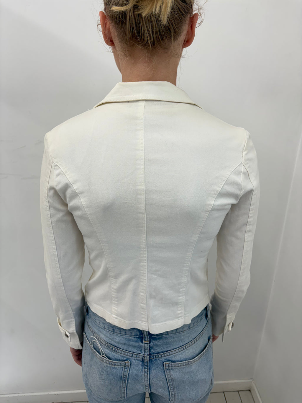 White Denim Blazer with Silver Button Detail