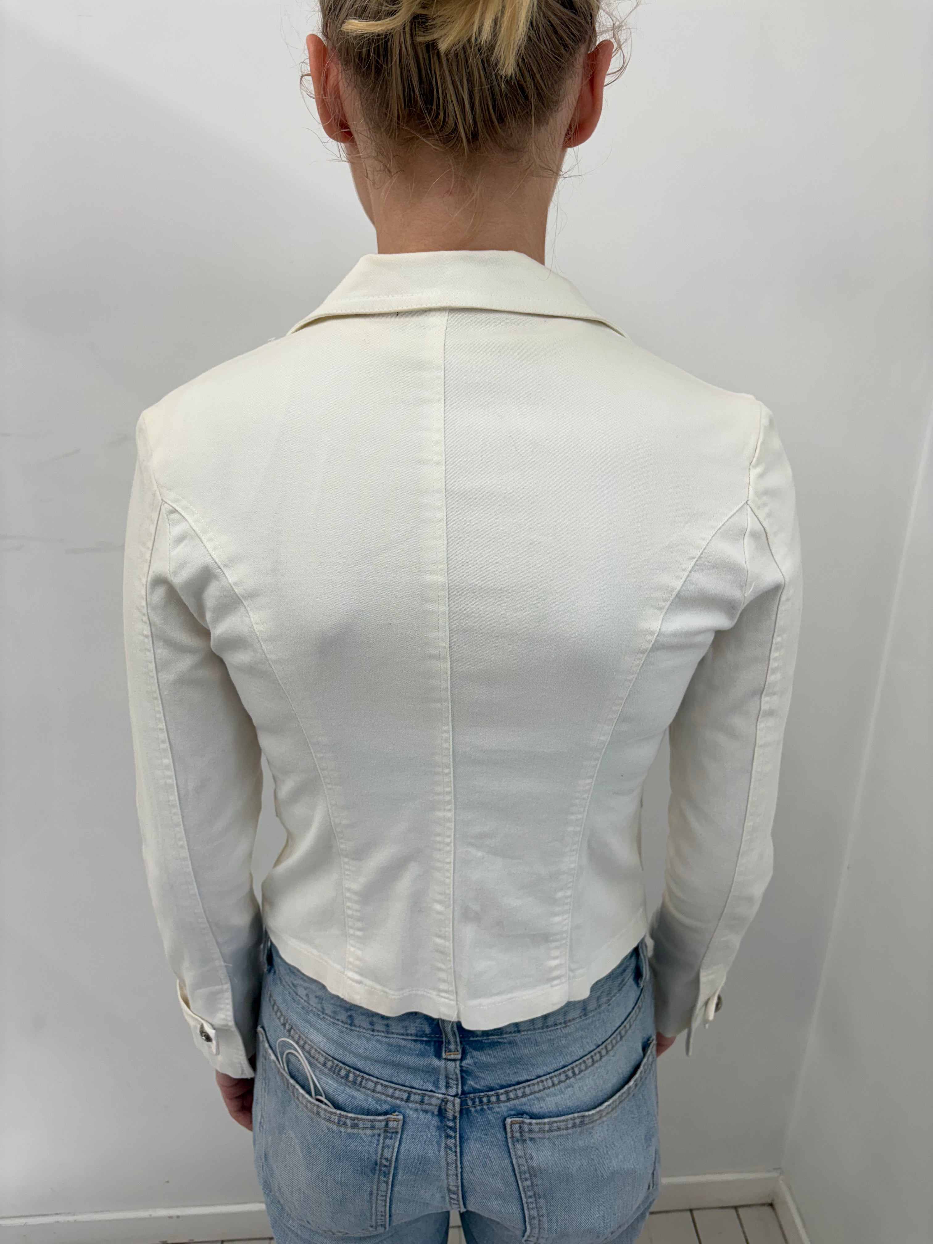 White Denim Blazer with Silver Button Detail