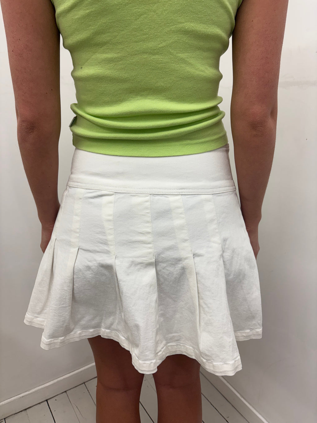 White Low-Rise Pleated Denim Tennis Skirt