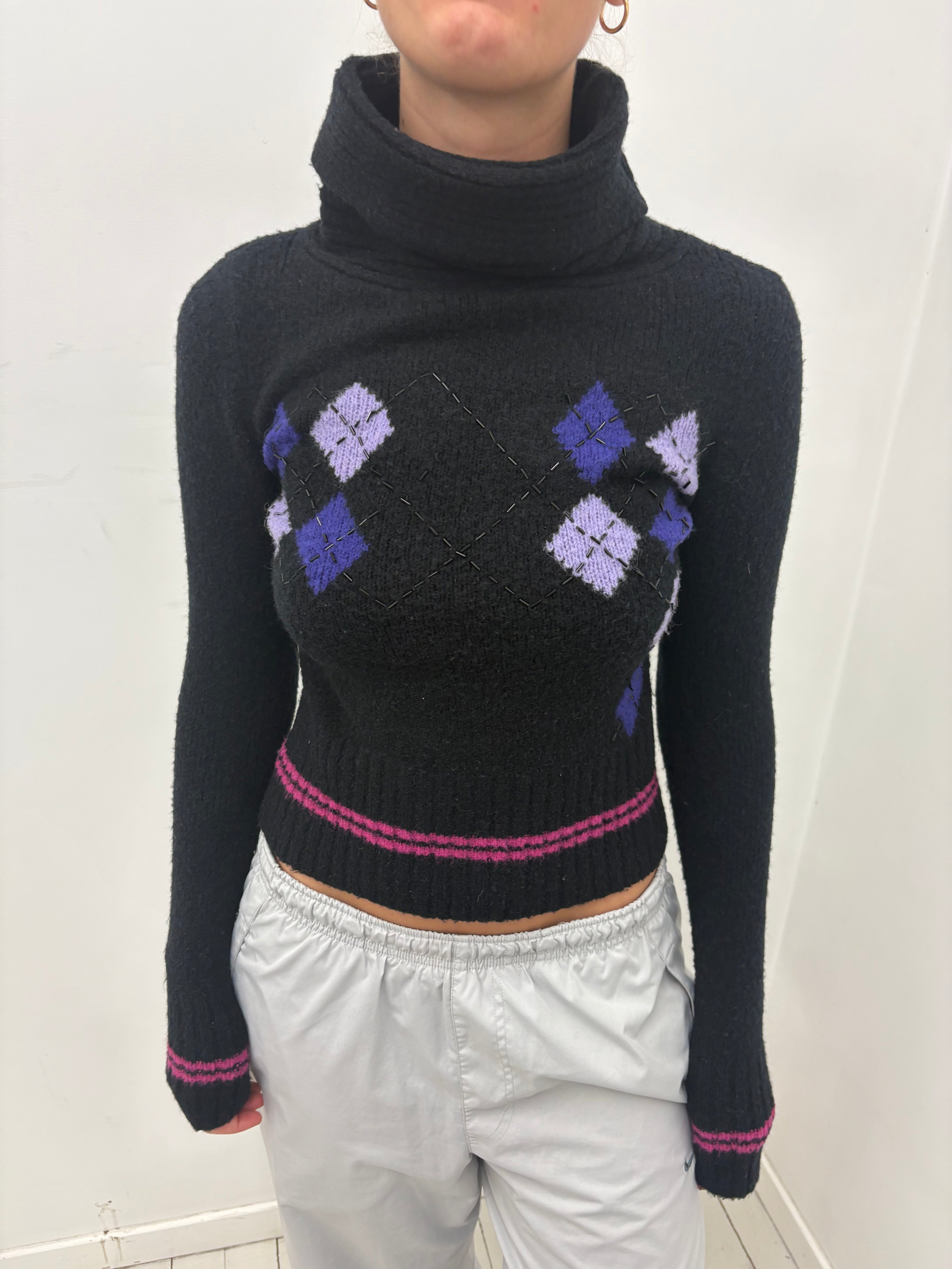 Black Argyle Turtleneck Knit Sweater
