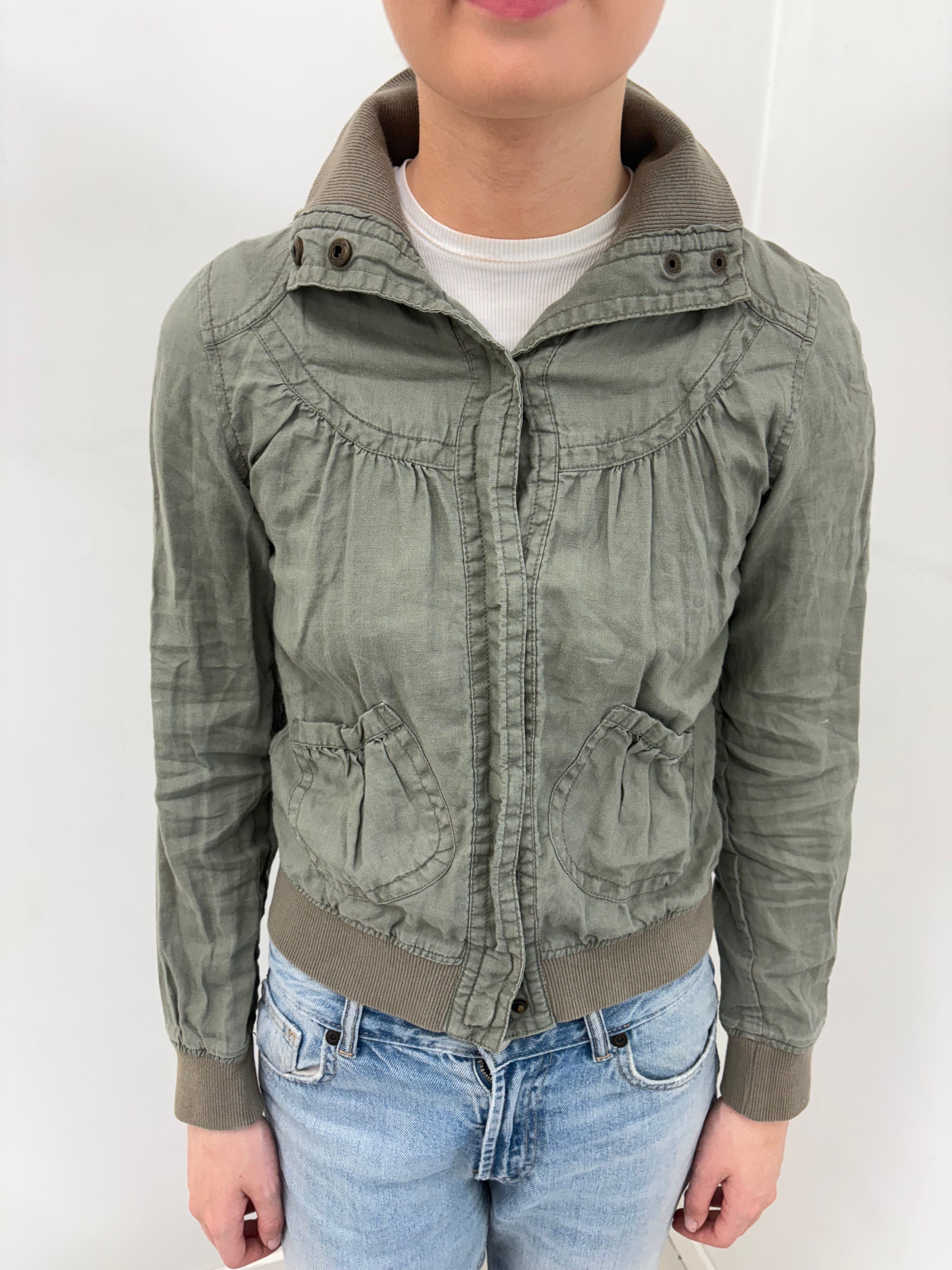Olive Green Cropped Bomber Jacket