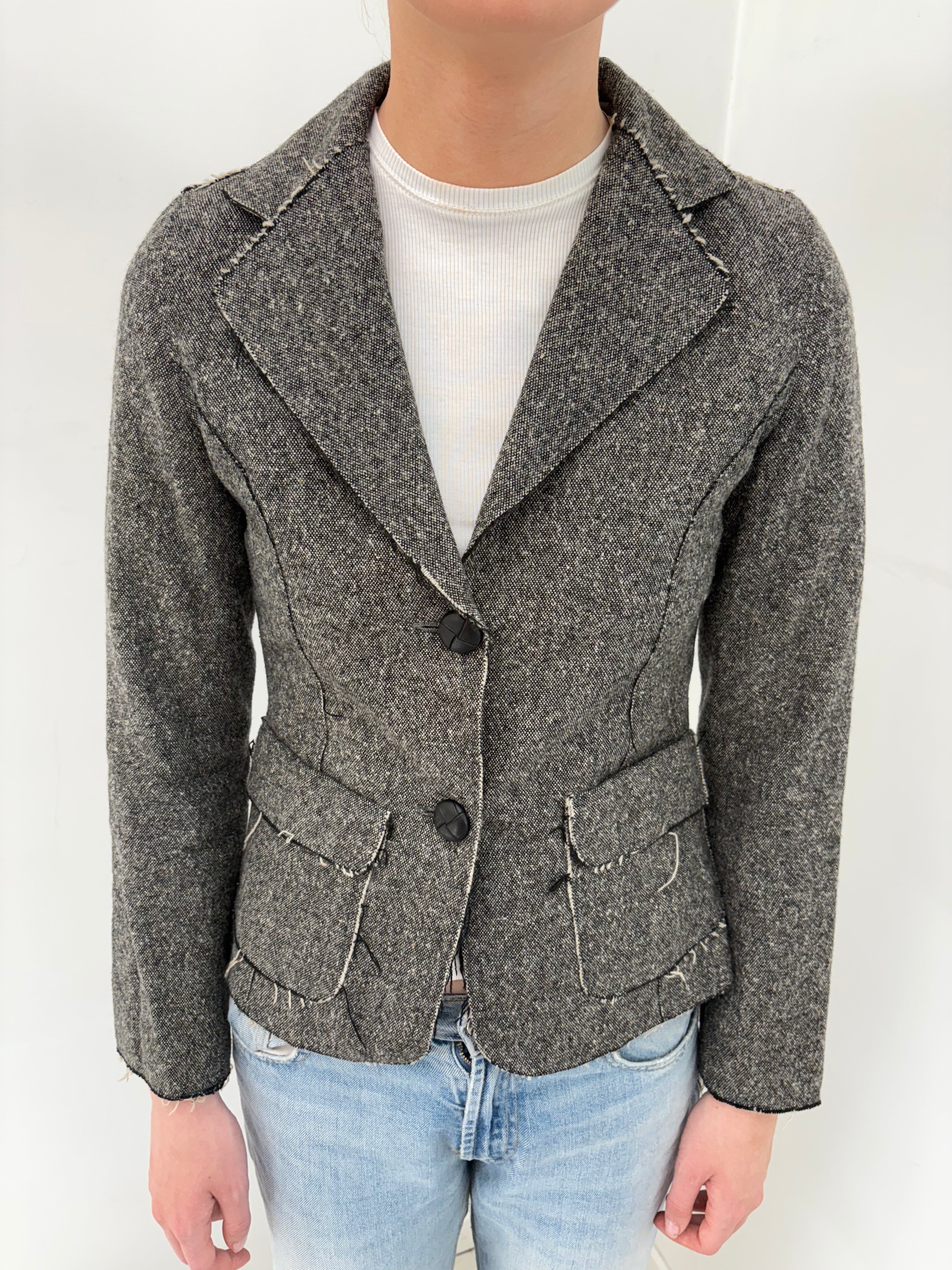 Grey Tweed Raw-Edge Fitted Blazer