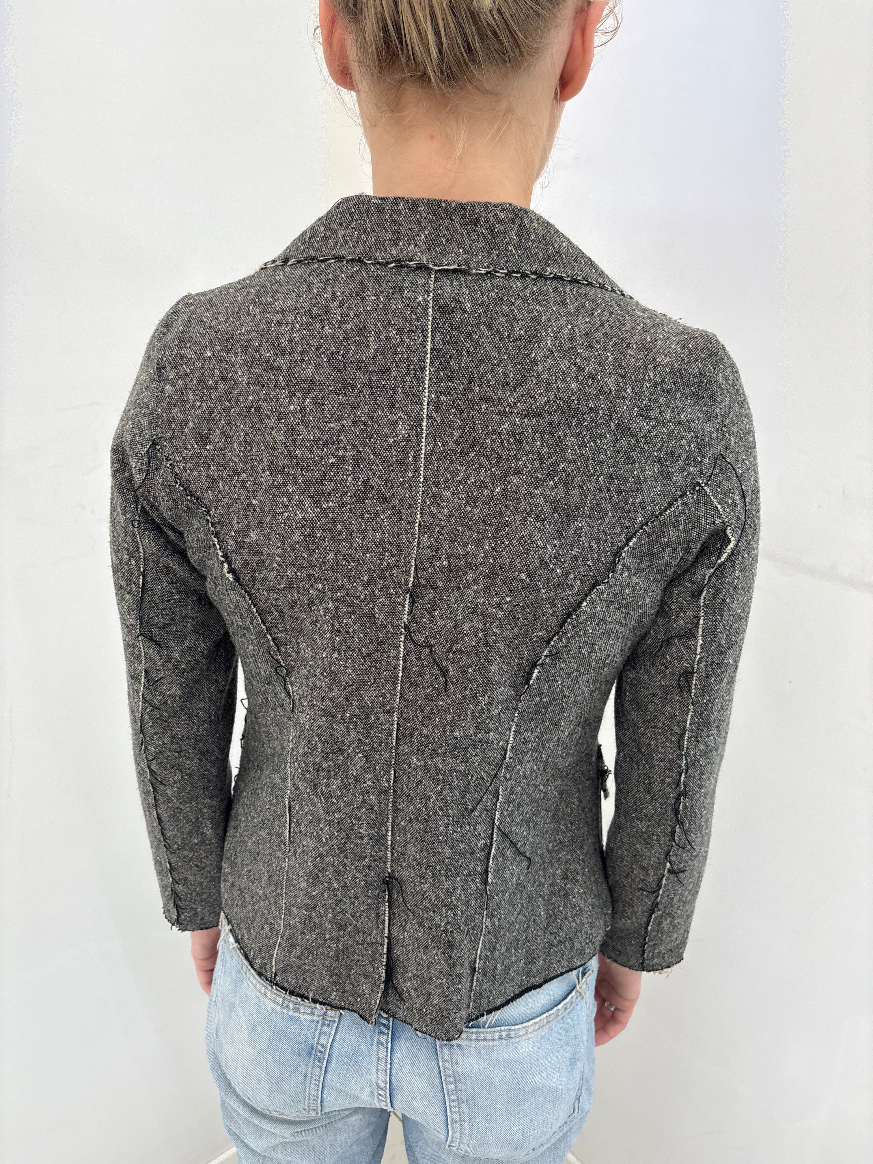 Grey Tweed Raw-Edge Fitted Blazer
