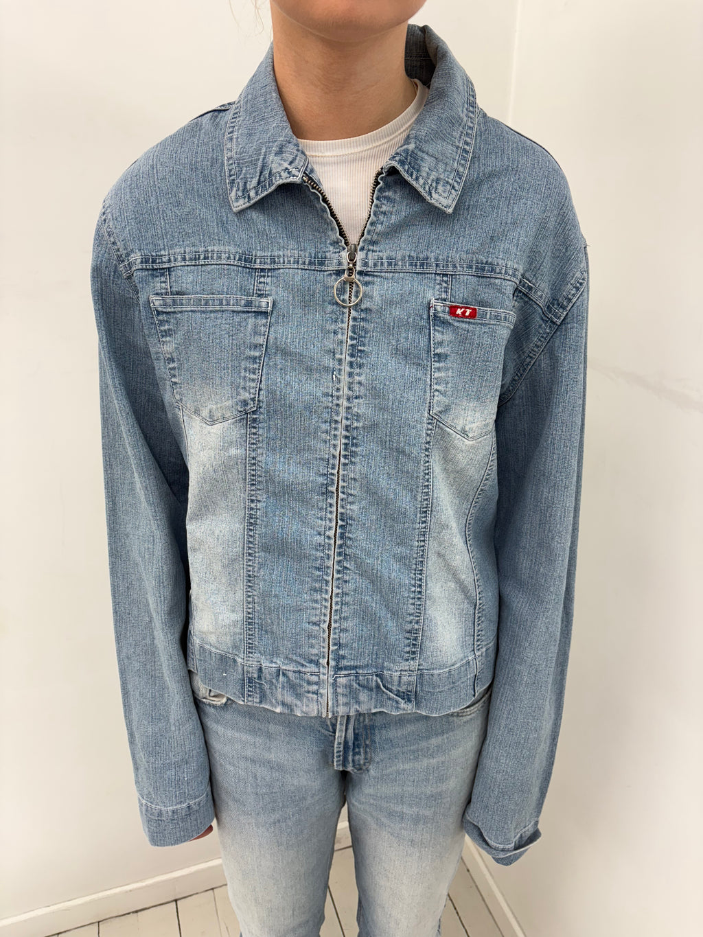 Light Wash Denim Jacket with Sequin Graphic Back