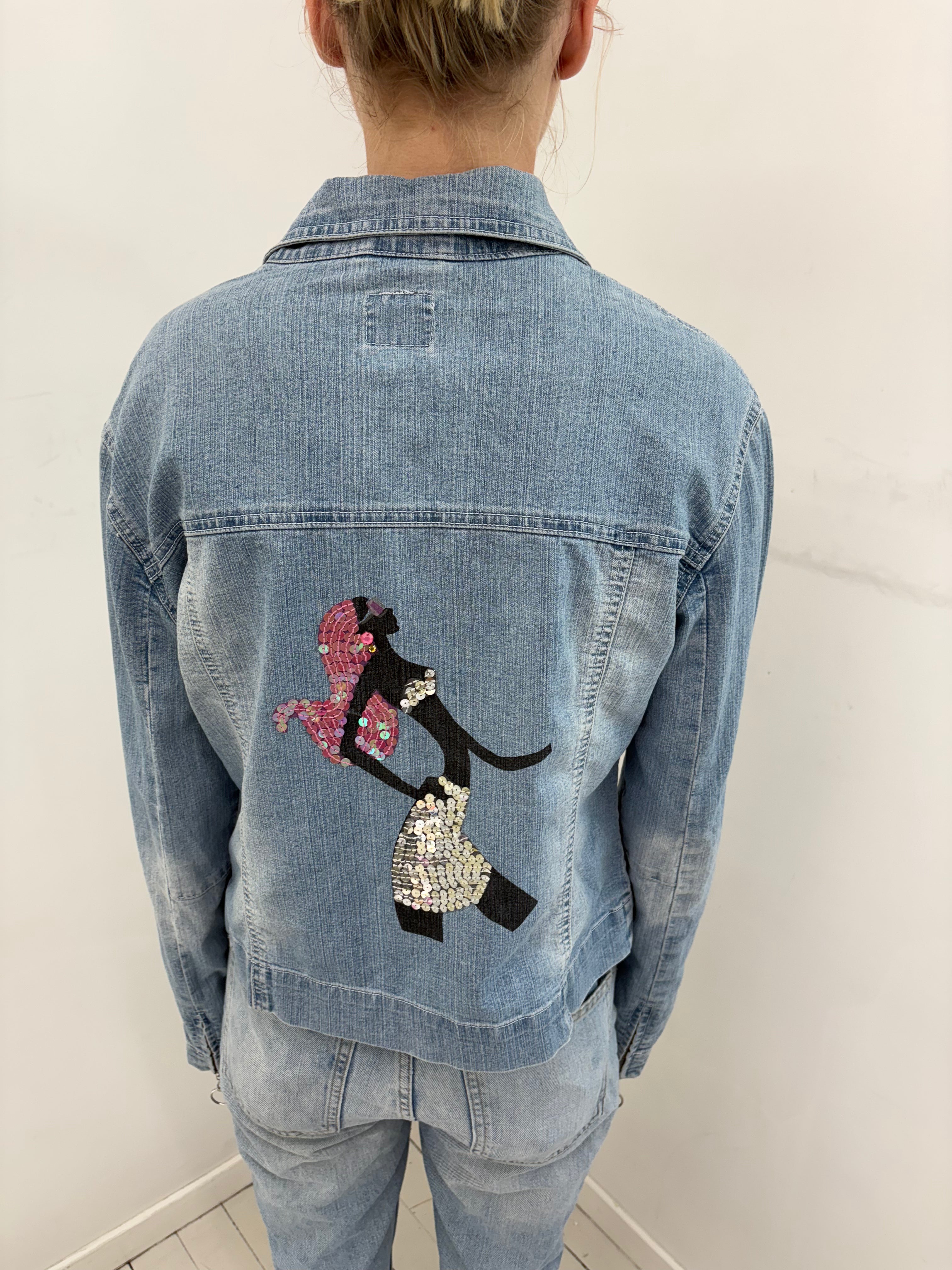 Light Wash Denim Jacket with Sequin Graphic Back
