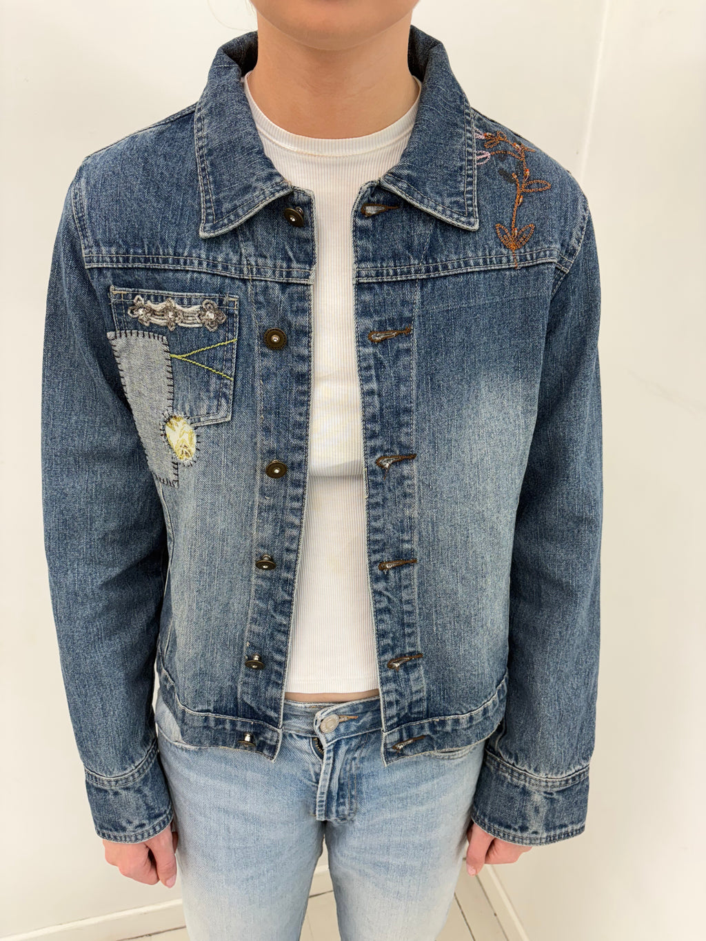Dark Wash Denim Jacket with Embroidered Patch Details