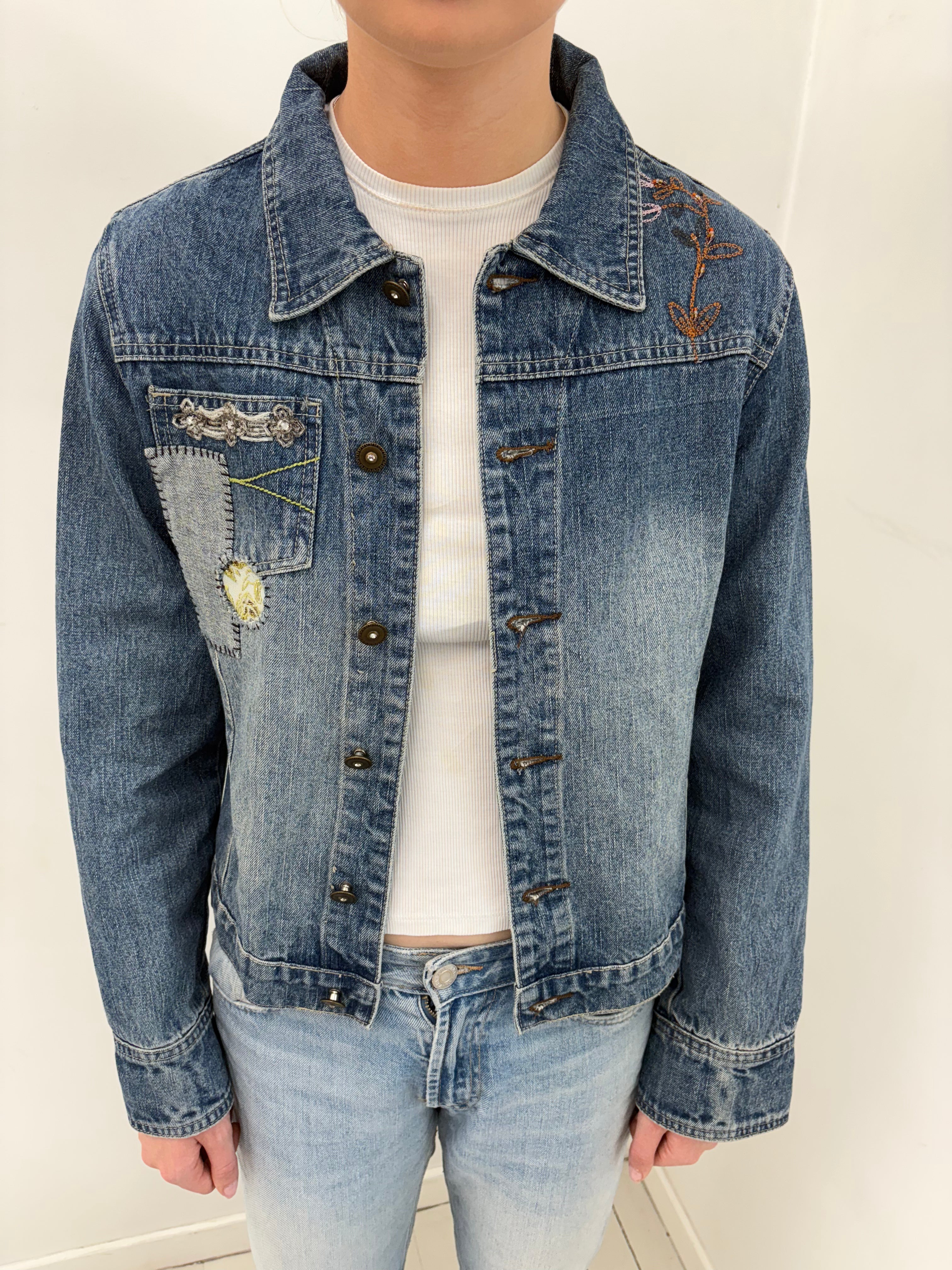 Dark Wash Denim Jacket with Embroidered Patch Details