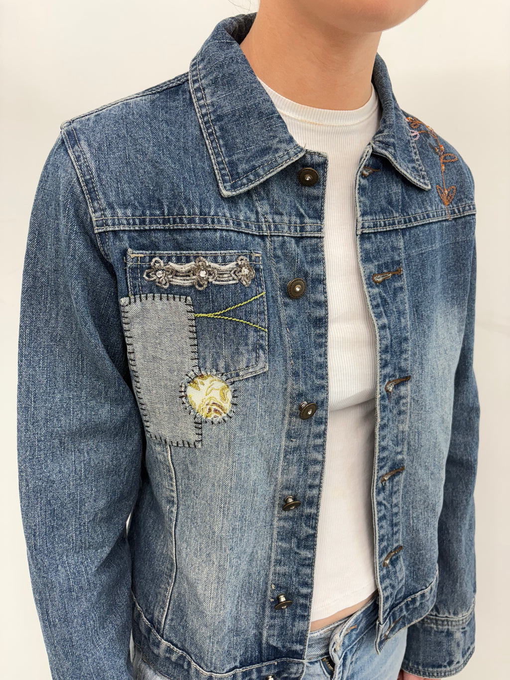 Dark Wash Denim Jacket with Embroidered Patch Details