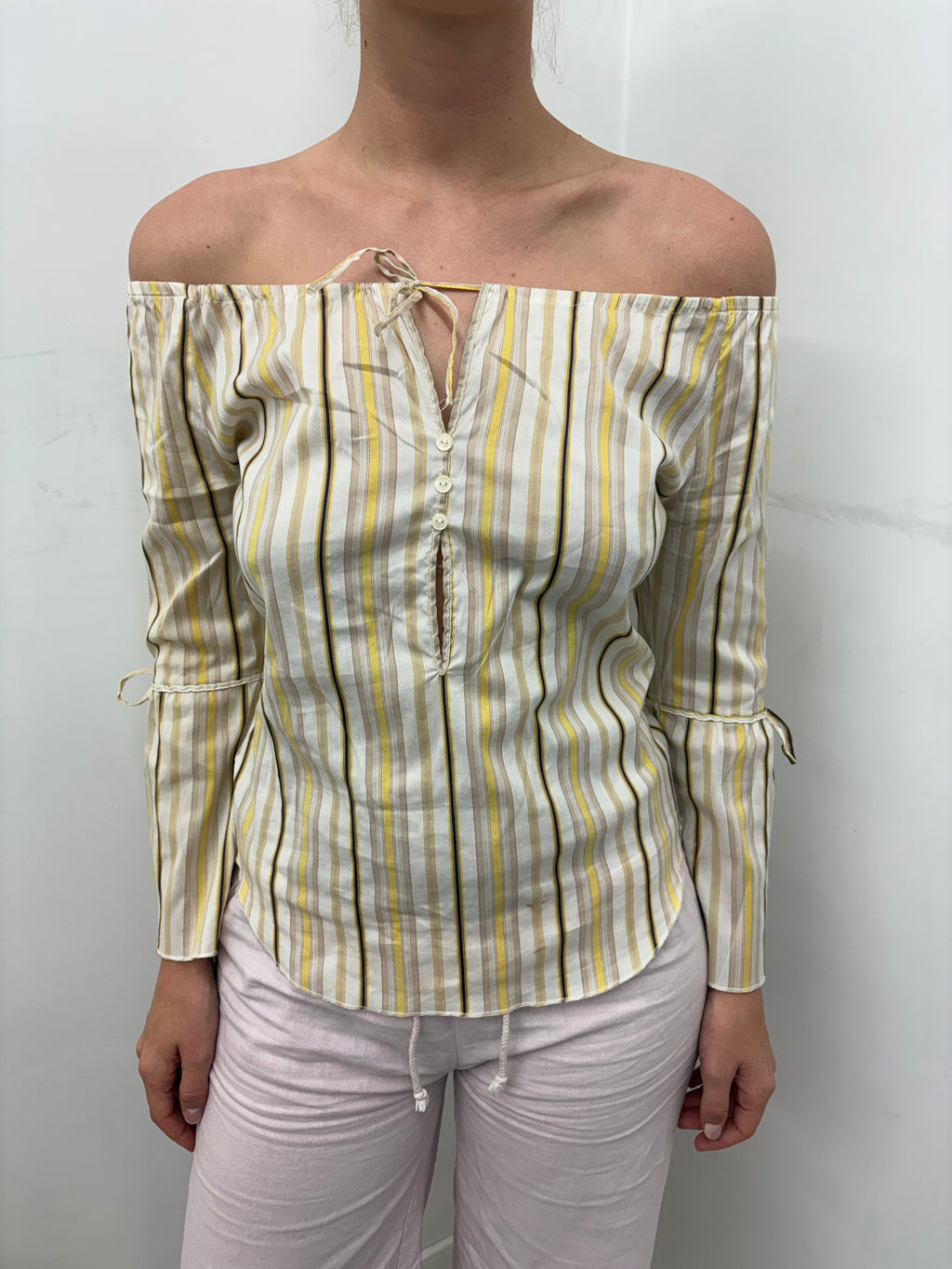 Striped Off-Shoulder Tie Front Blouse