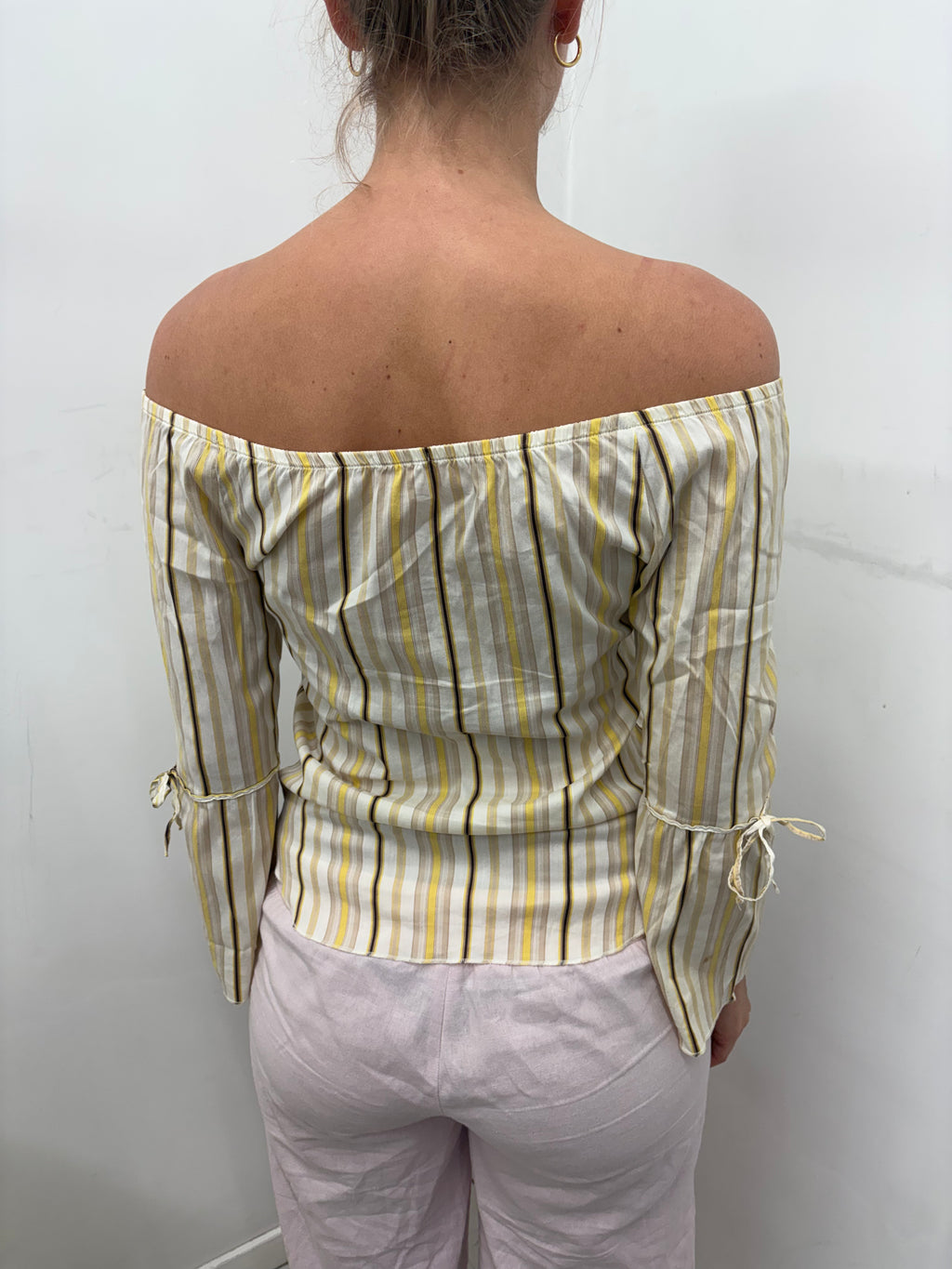 Striped Off-Shoulder Tie Front Blouse
