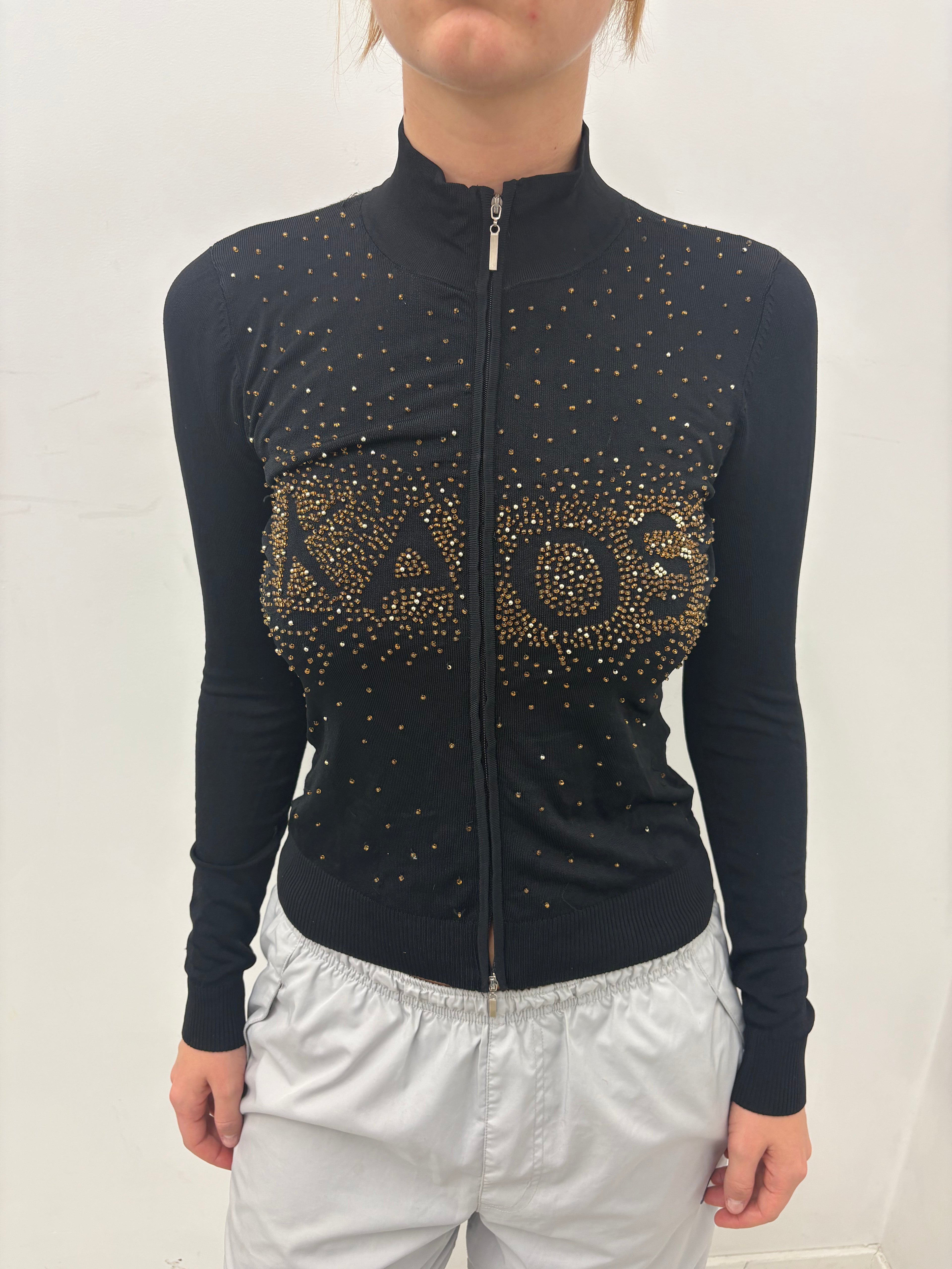 Black Rhinestone Zip-Up Logo Knit Top