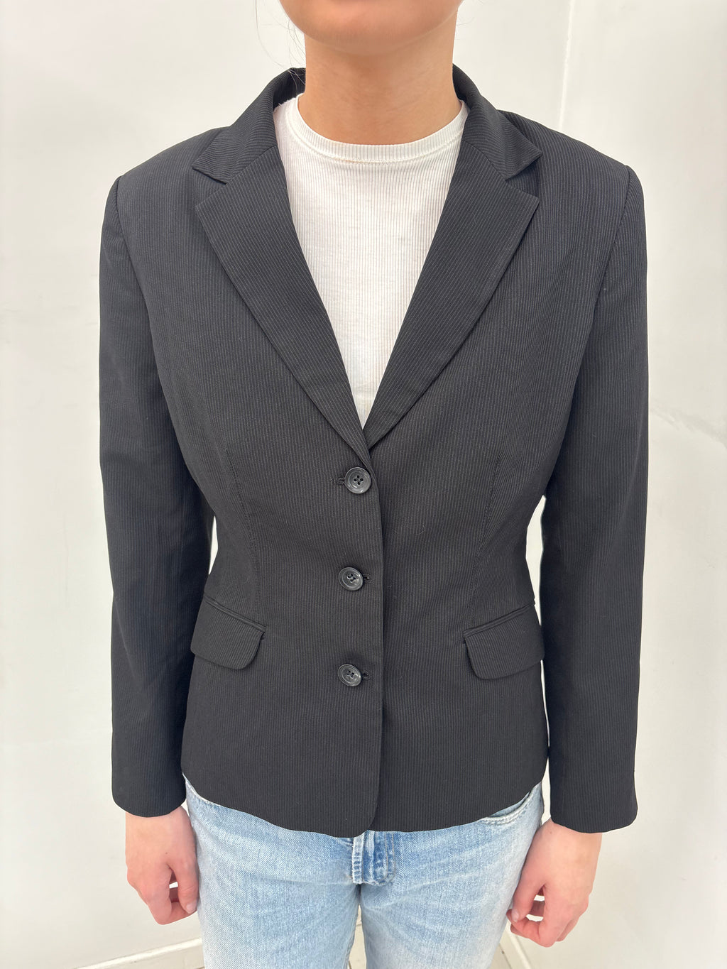 Black Pinstripe Fitted Ribbed Blazer