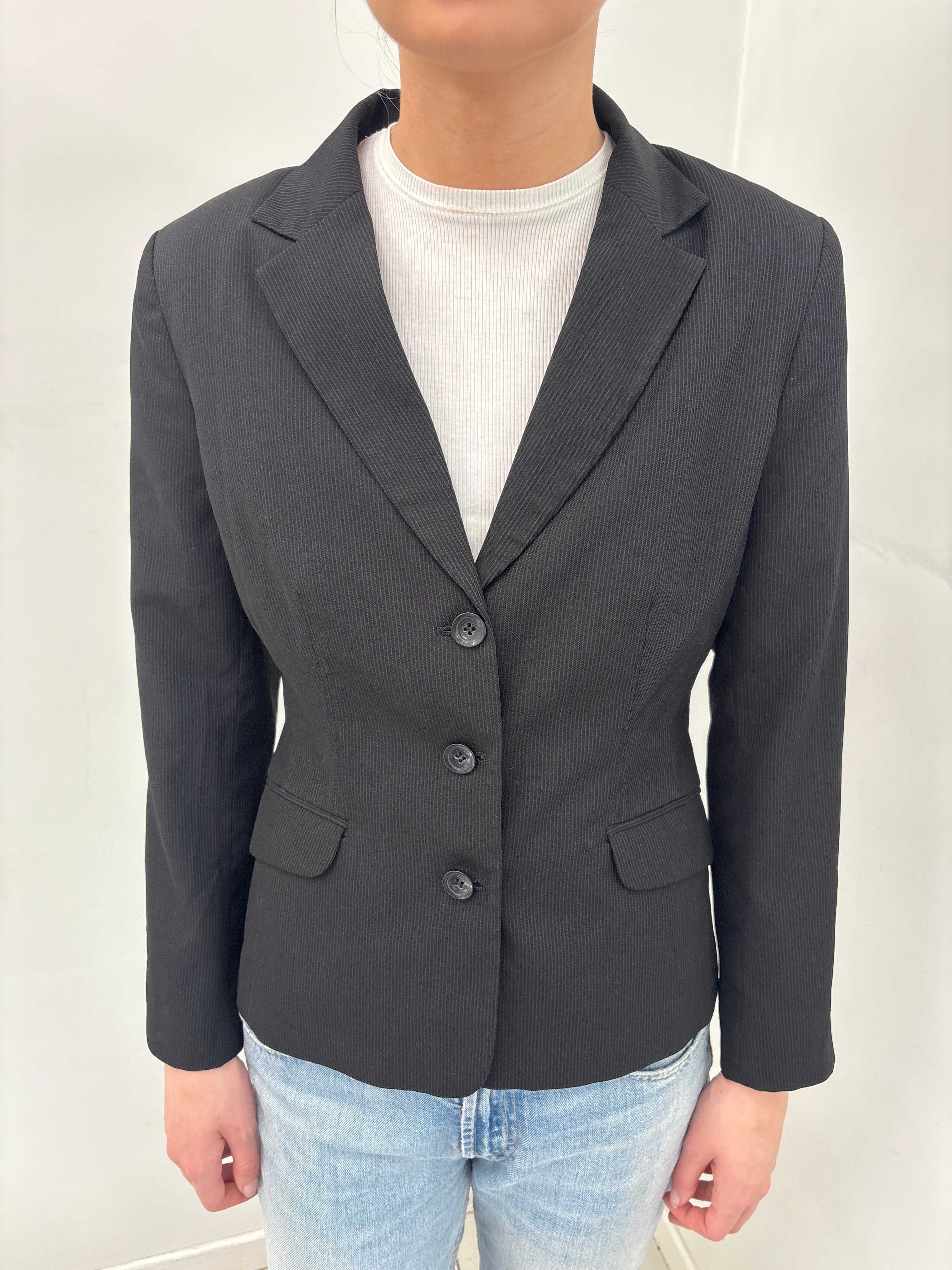 Black Pinstripe Fitted Ribbed Blazer