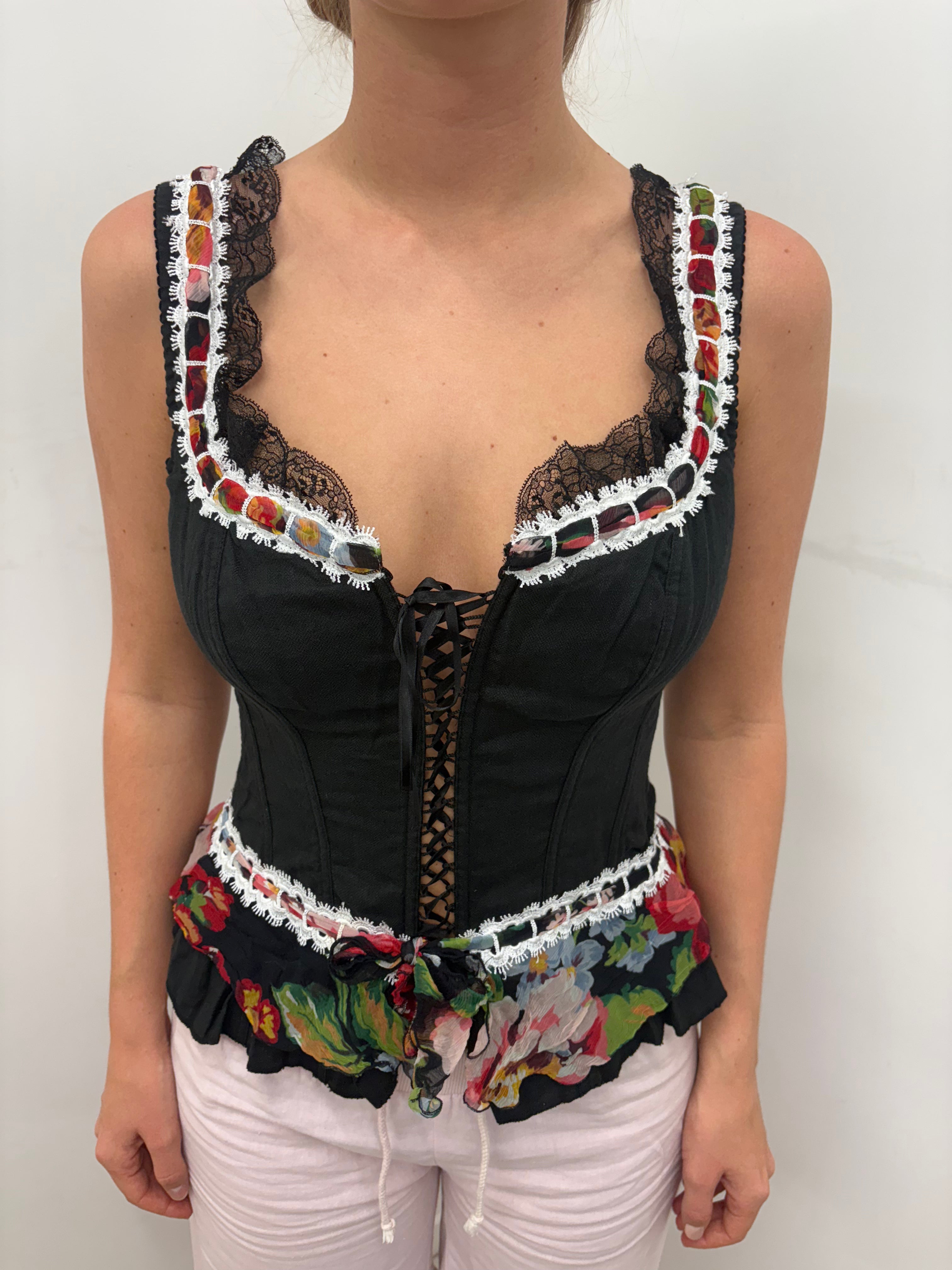 Black Floral Trim Lace-Up Corset Top