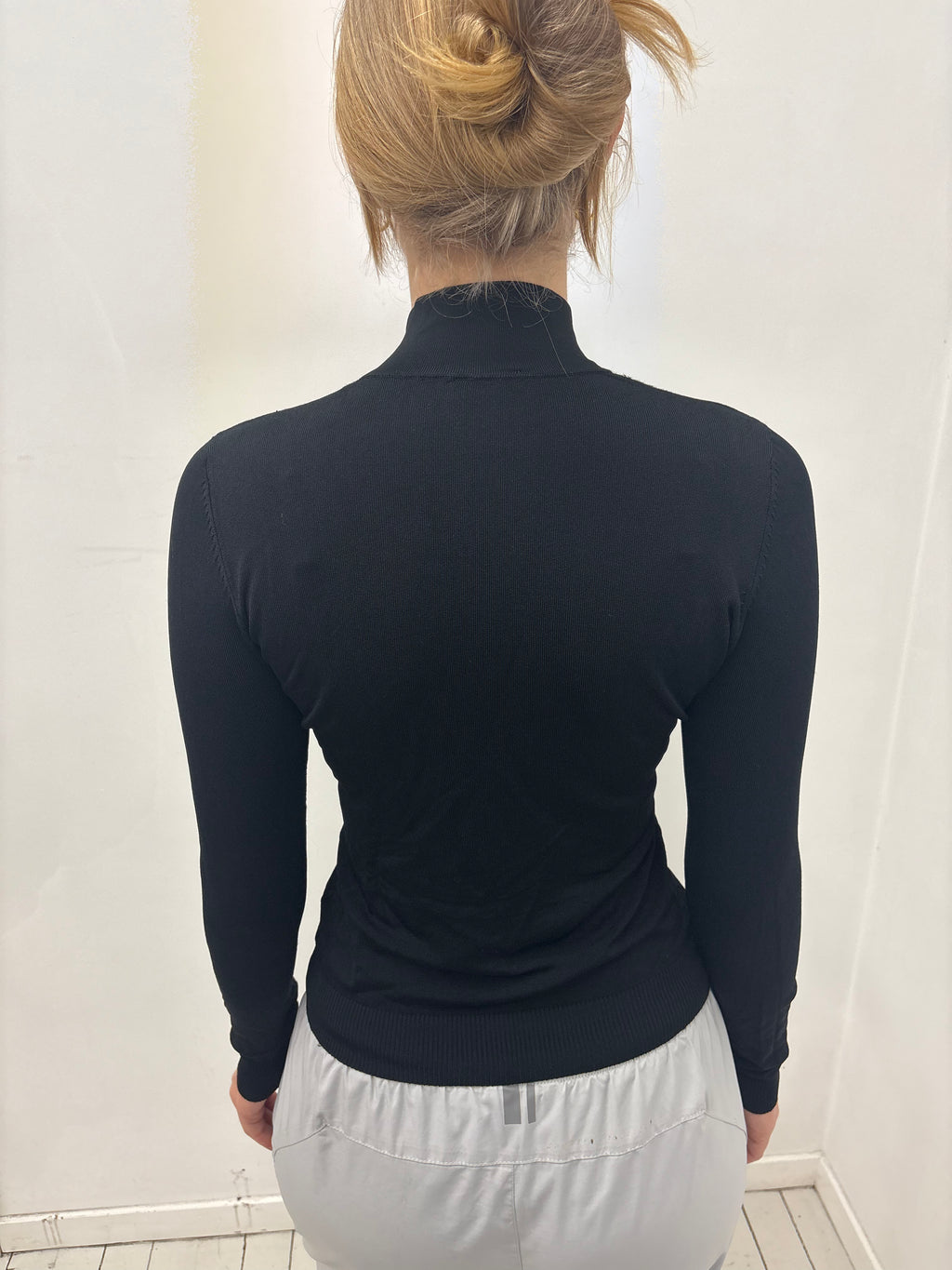 Black Rhinestone Zip-Up Logo Knit Top