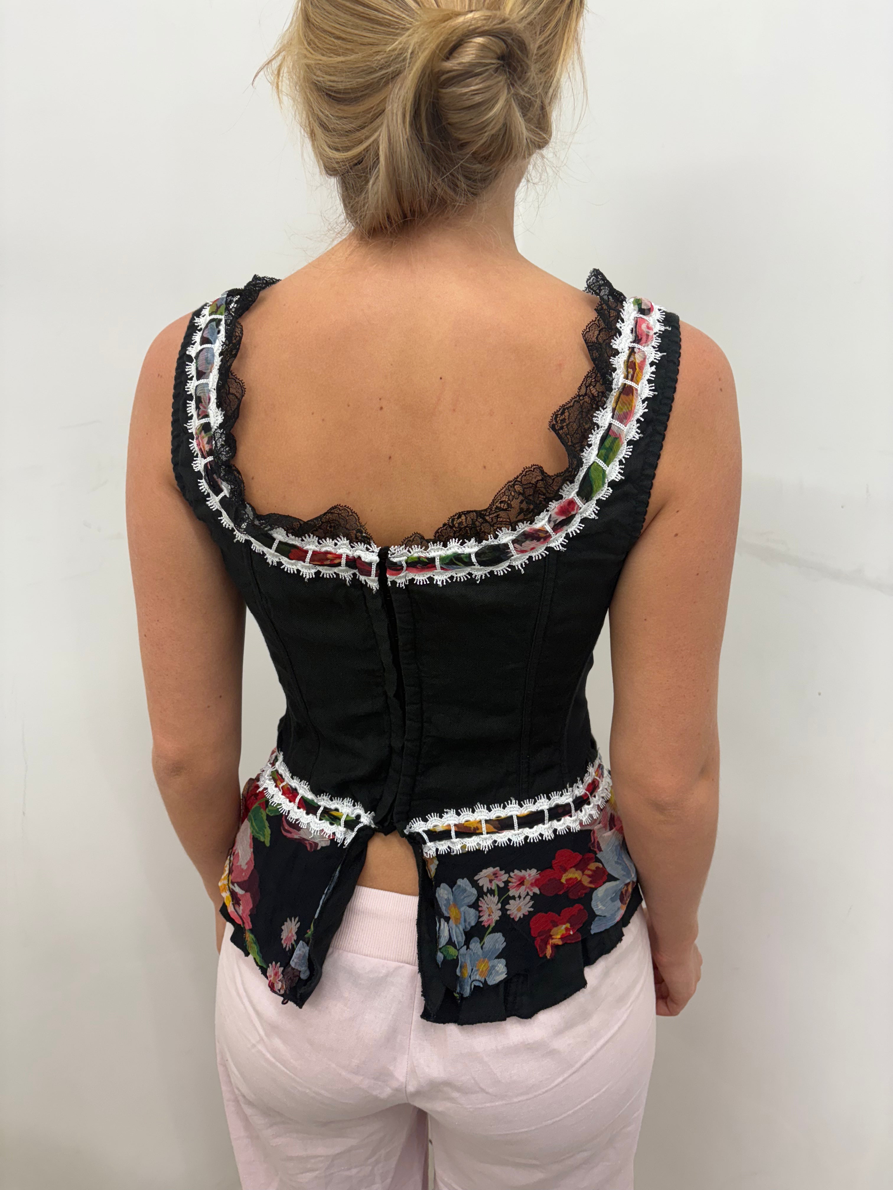 Black Floral Trim Lace-Up Corset Top