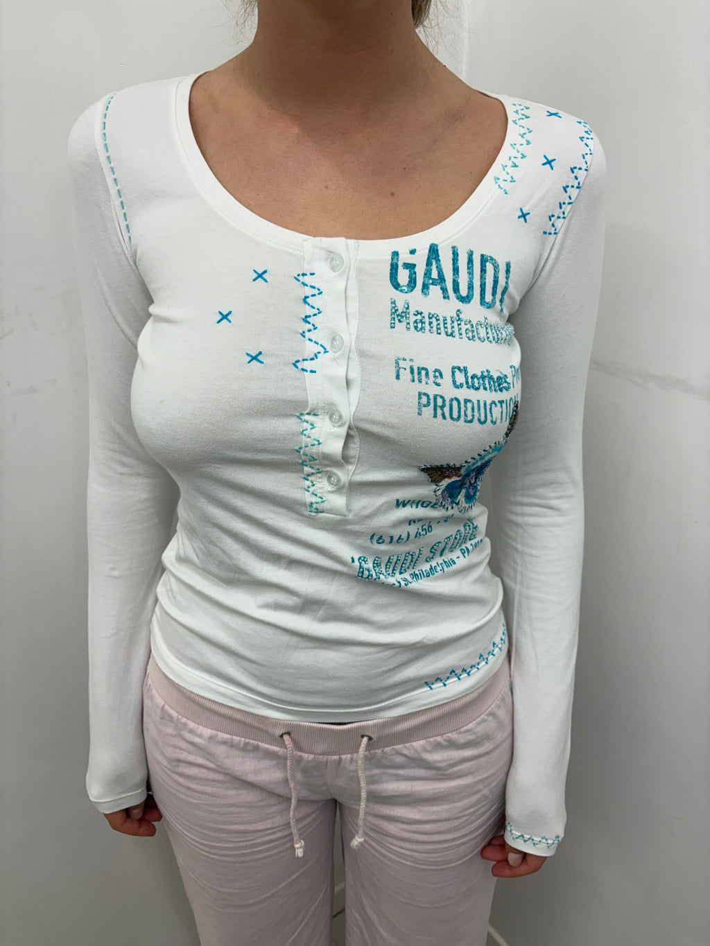 White Graphic Henley Long Sleeve Top