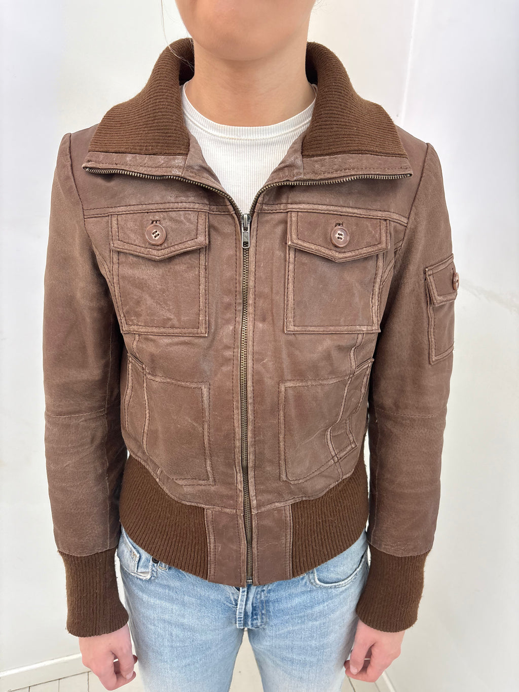 Brown Leather Bomber Jacket with Ribbed Trim
