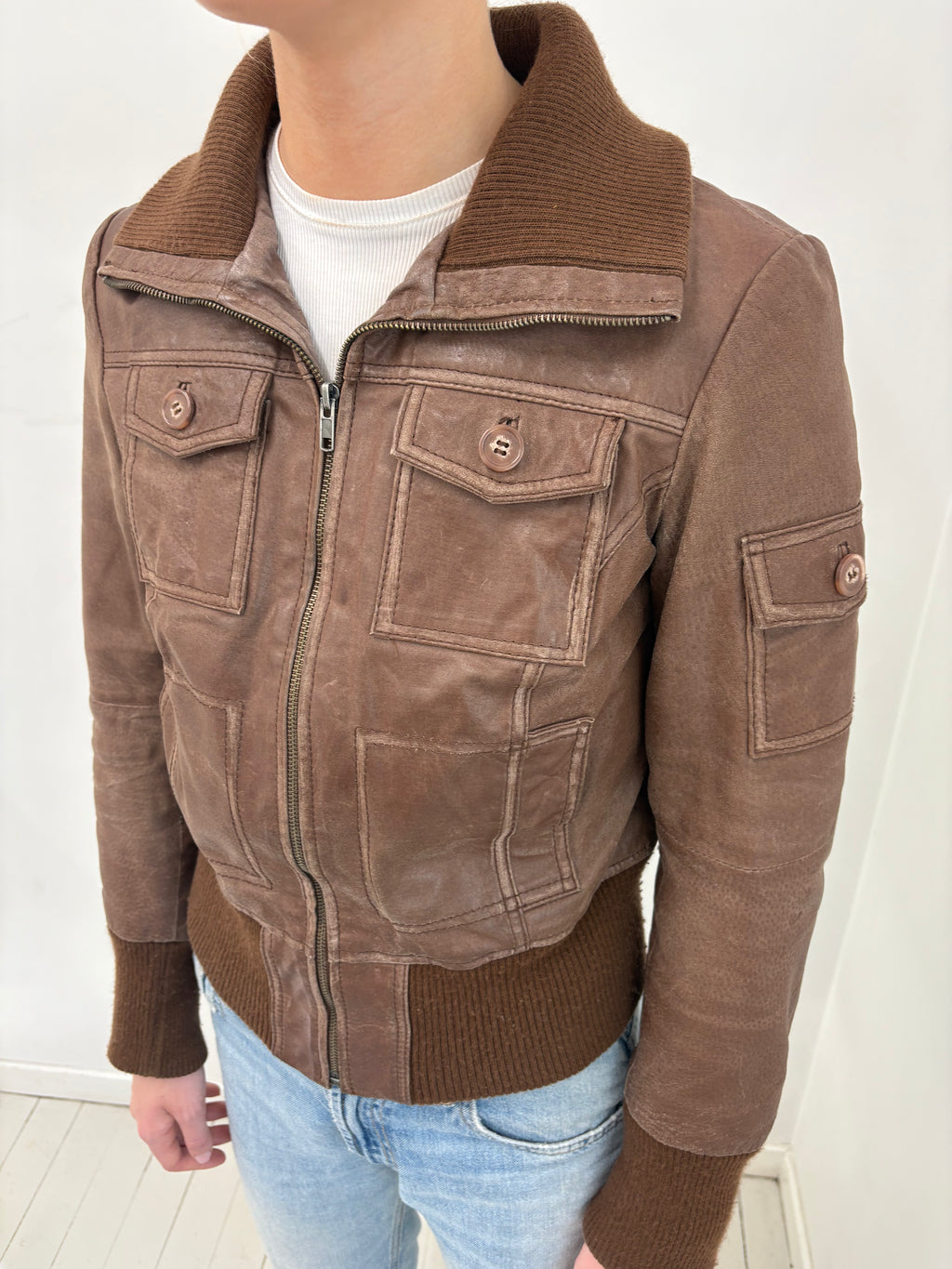 Brown Leather Bomber Jacket with Ribbed Trim