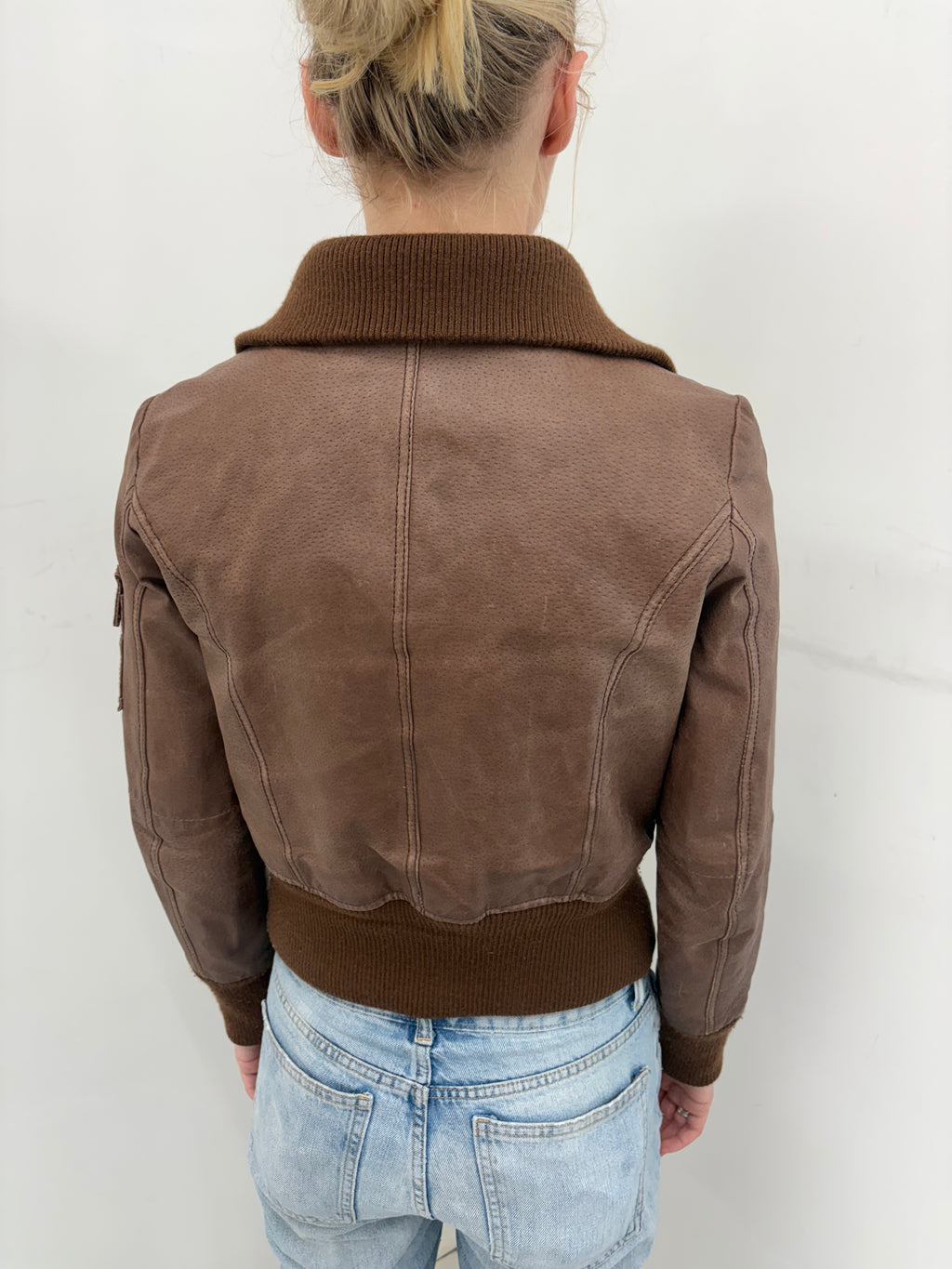 Brown Leather Bomber Jacket with Ribbed Trim