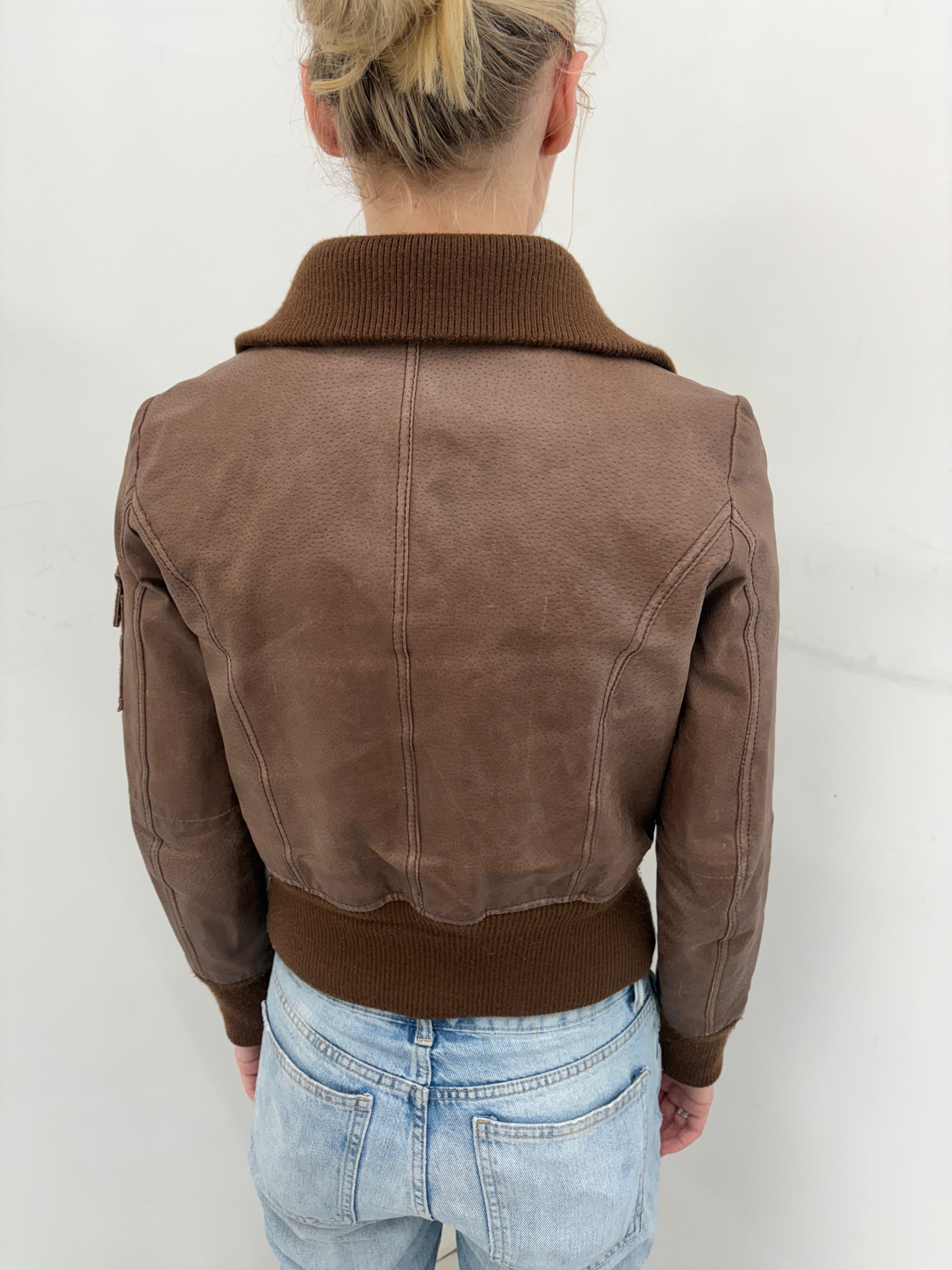 Brown Leather Bomber Jacket with Ribbed Trim