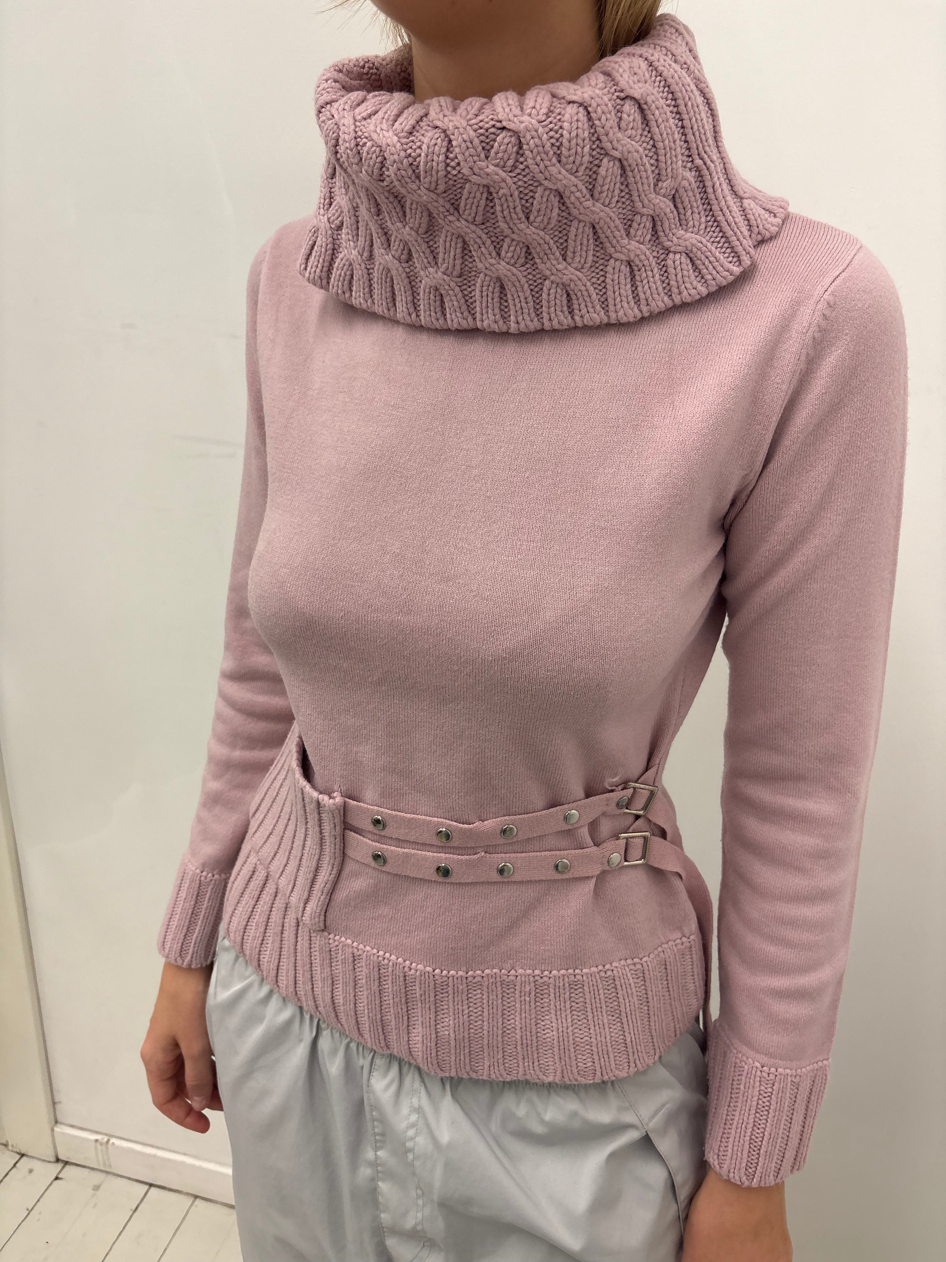 Dusty Pink Knit Belted Turtleneck Top