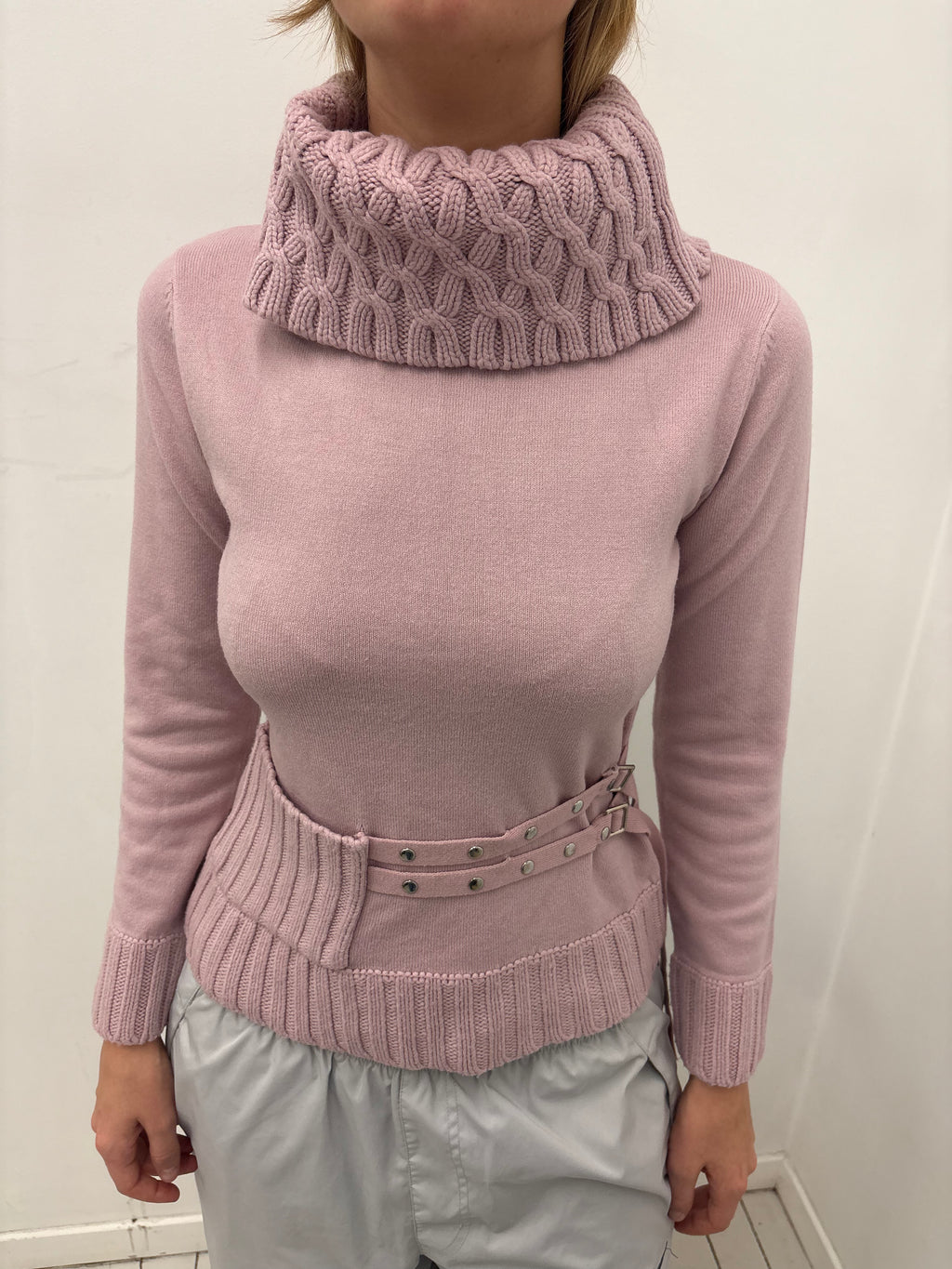 Dusty Pink Knit Belted Turtleneck Top