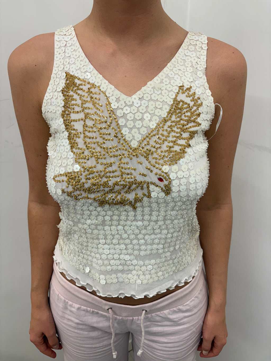 Y2K White Sequin Dove Tank Top
