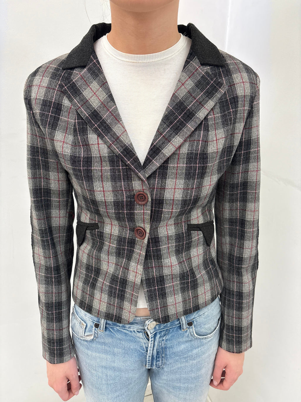 Plaid Wool Blazer with Contrast Elbow Patches