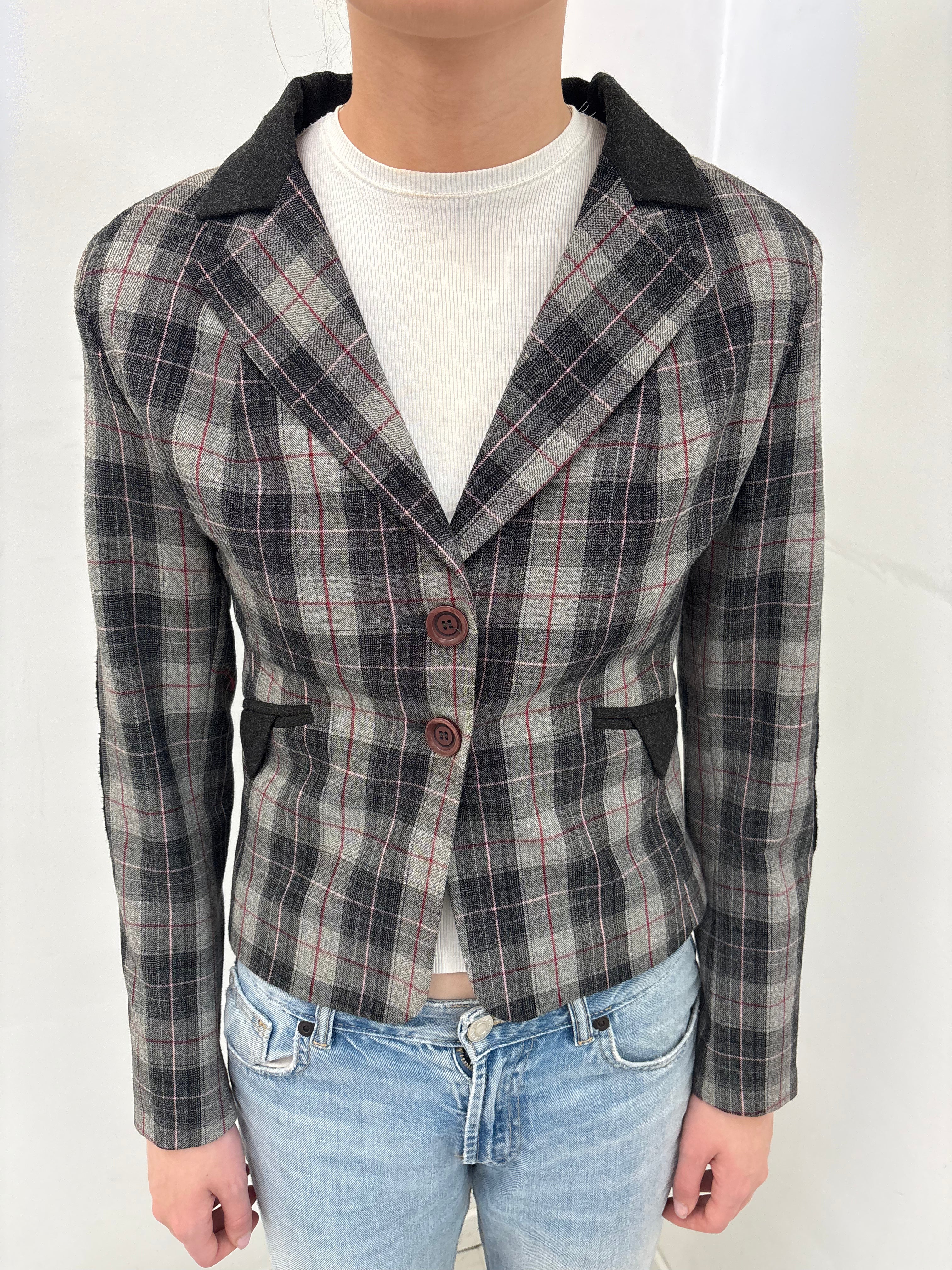 Plaid Wool Blazer with Contrast Elbow Patches
