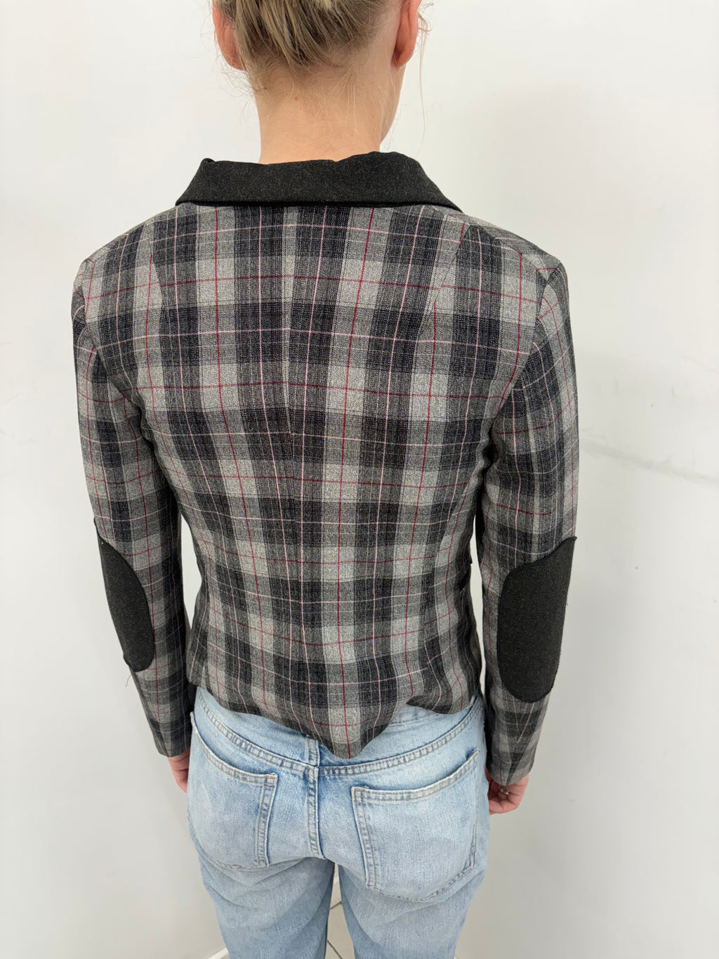 Plaid Wool Blazer with Contrast Elbow Patches