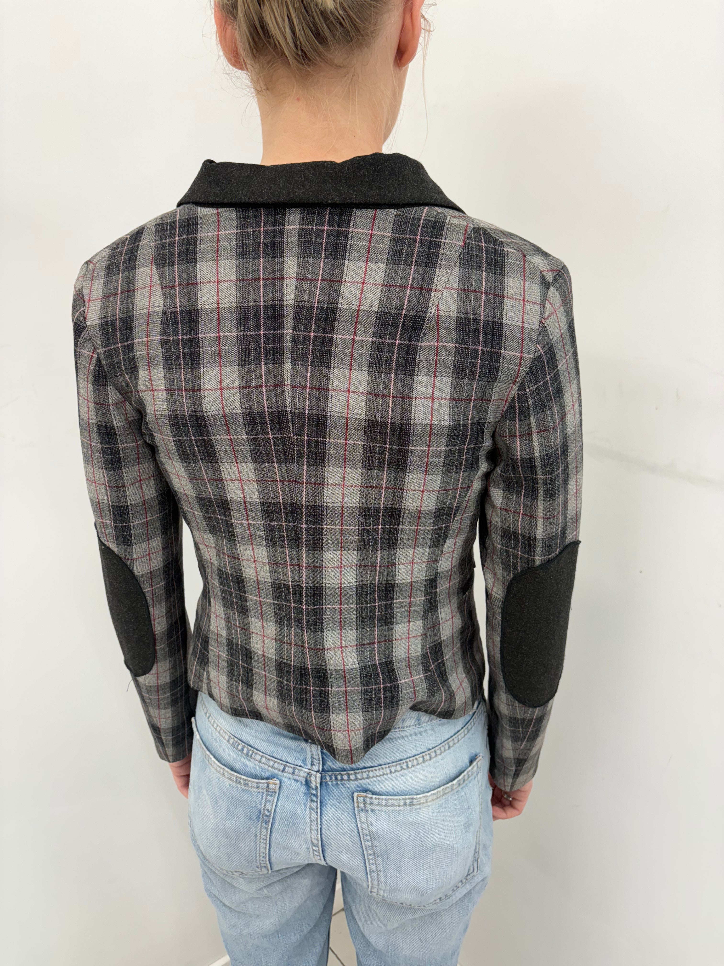 Plaid Wool Blazer with Contrast Elbow Patches