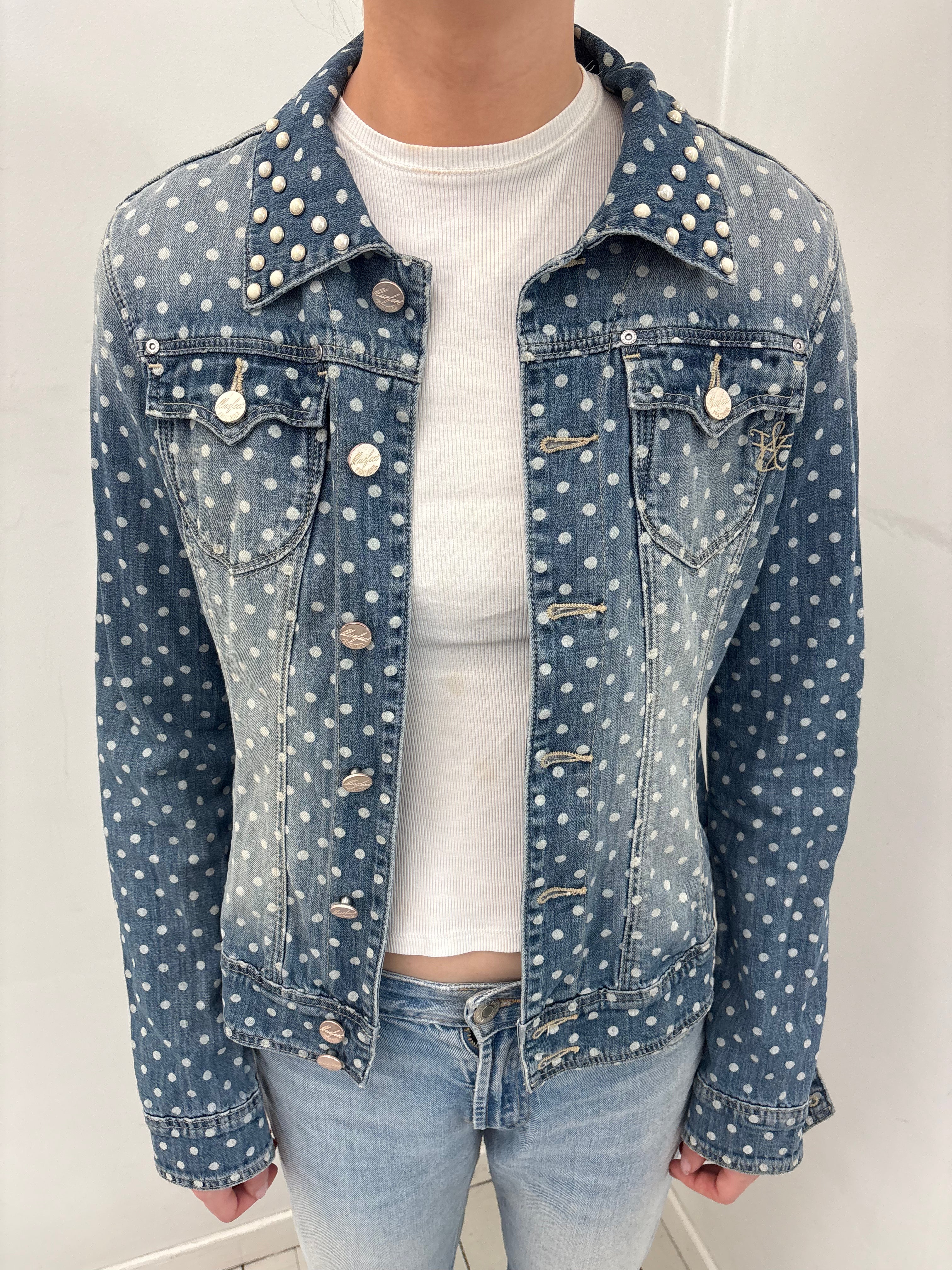 Denim Polka Dot Jacket with Pearl Collar Detail